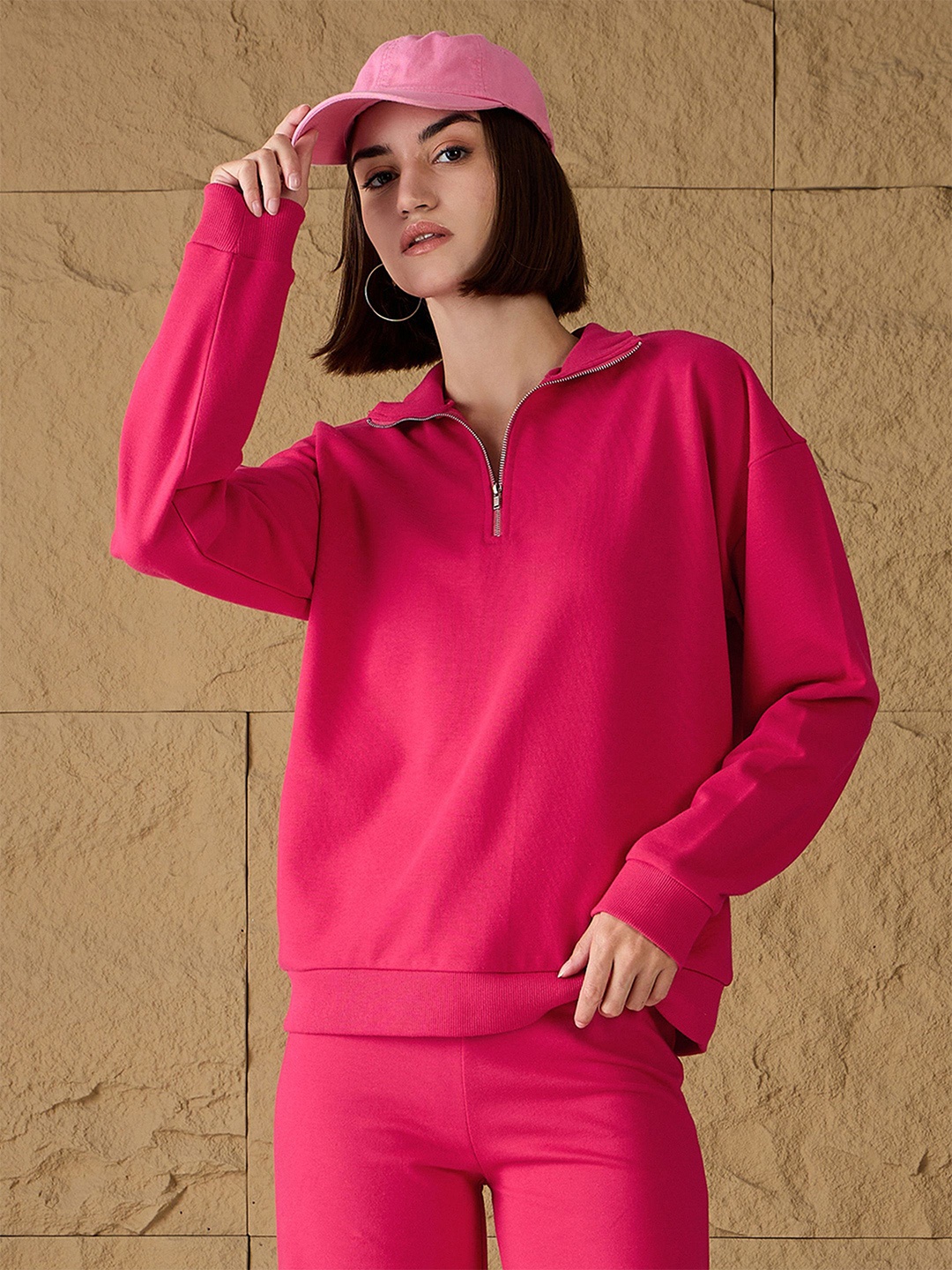 

SASSAFRAS Women Half Zipper Pullover Sweatshirt, Fuchsia