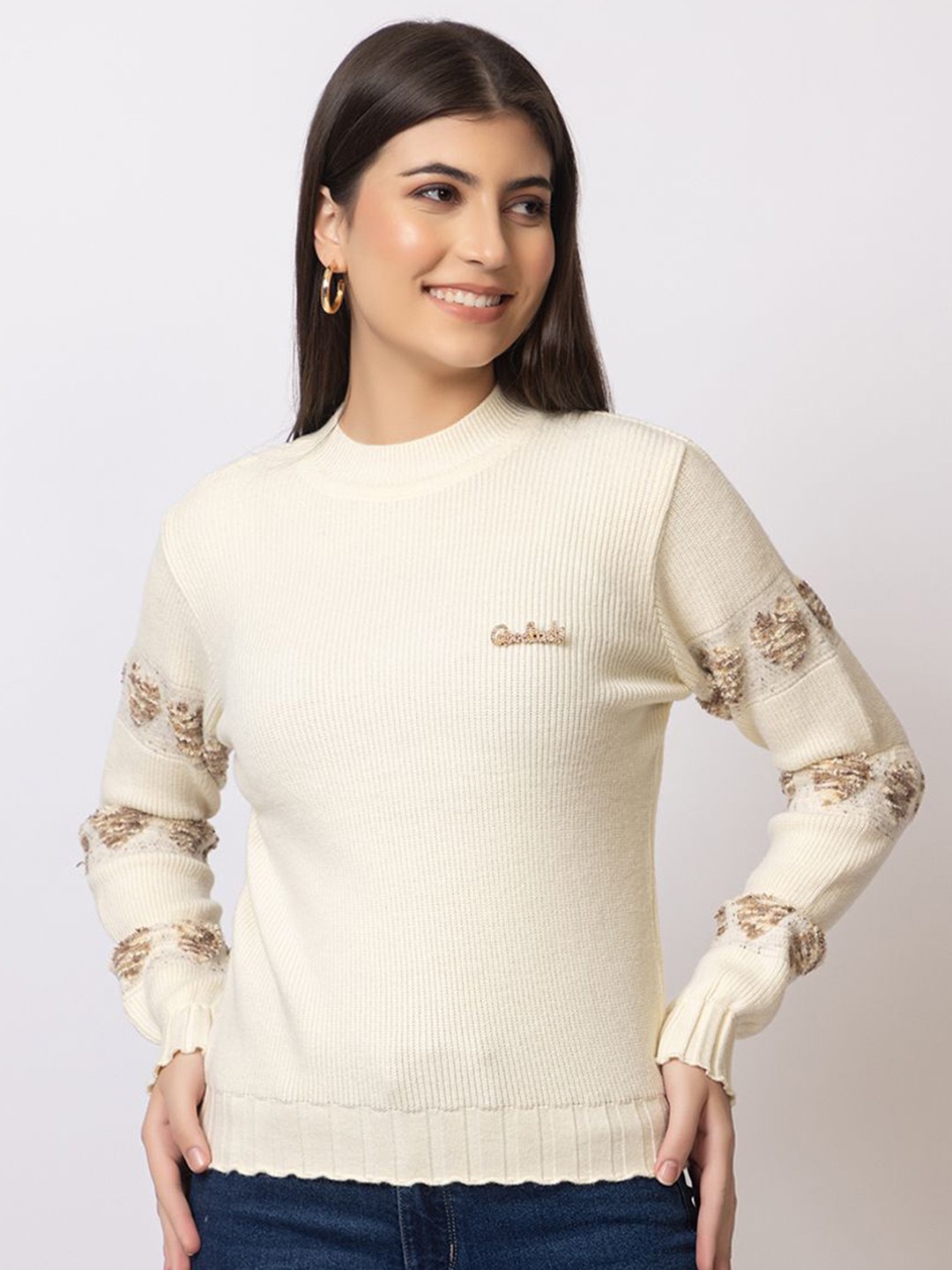 

GFO Women Woollen Pullover with Embellished Detail, Cream