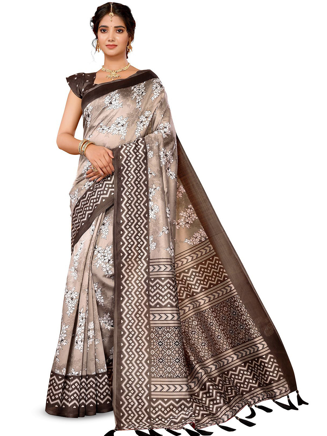 

KALINI Floral Printed Tassels Saree With Blouse Piece, Coffee brown