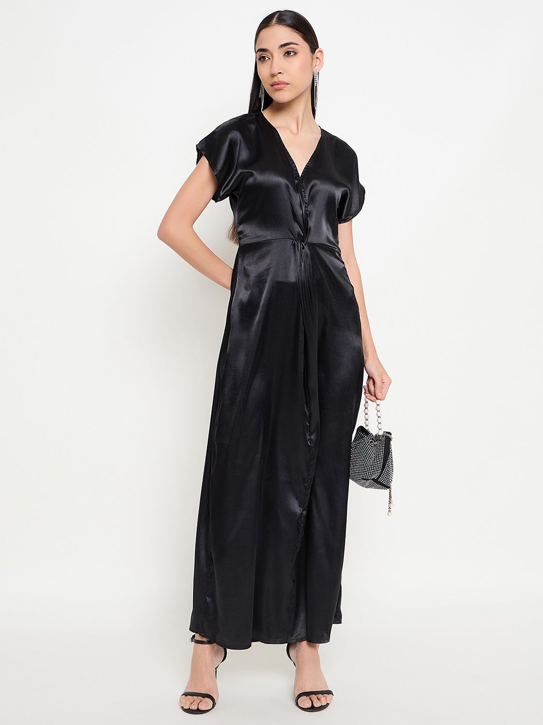 

Imfashini Women Kimono Sleeve Satin A-Line Midi Dress, Black