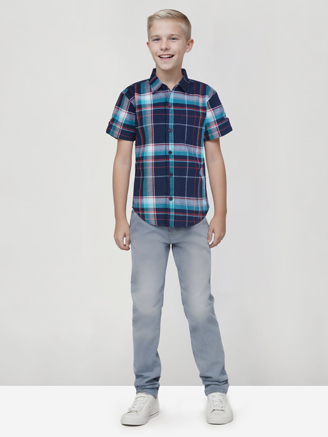 

Gini and Jony Boys Standard Tartan Checks Opaque Checked Casual Shirt, Navy blue