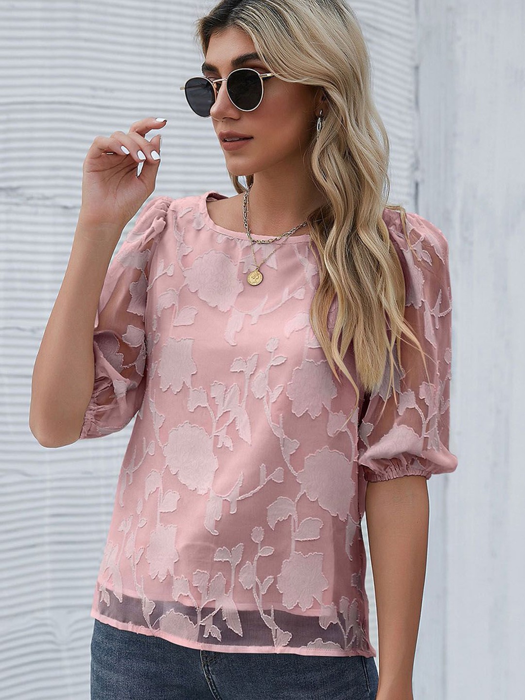 

StyleCast Women Floral Print Puff Sleeve Top, Pink