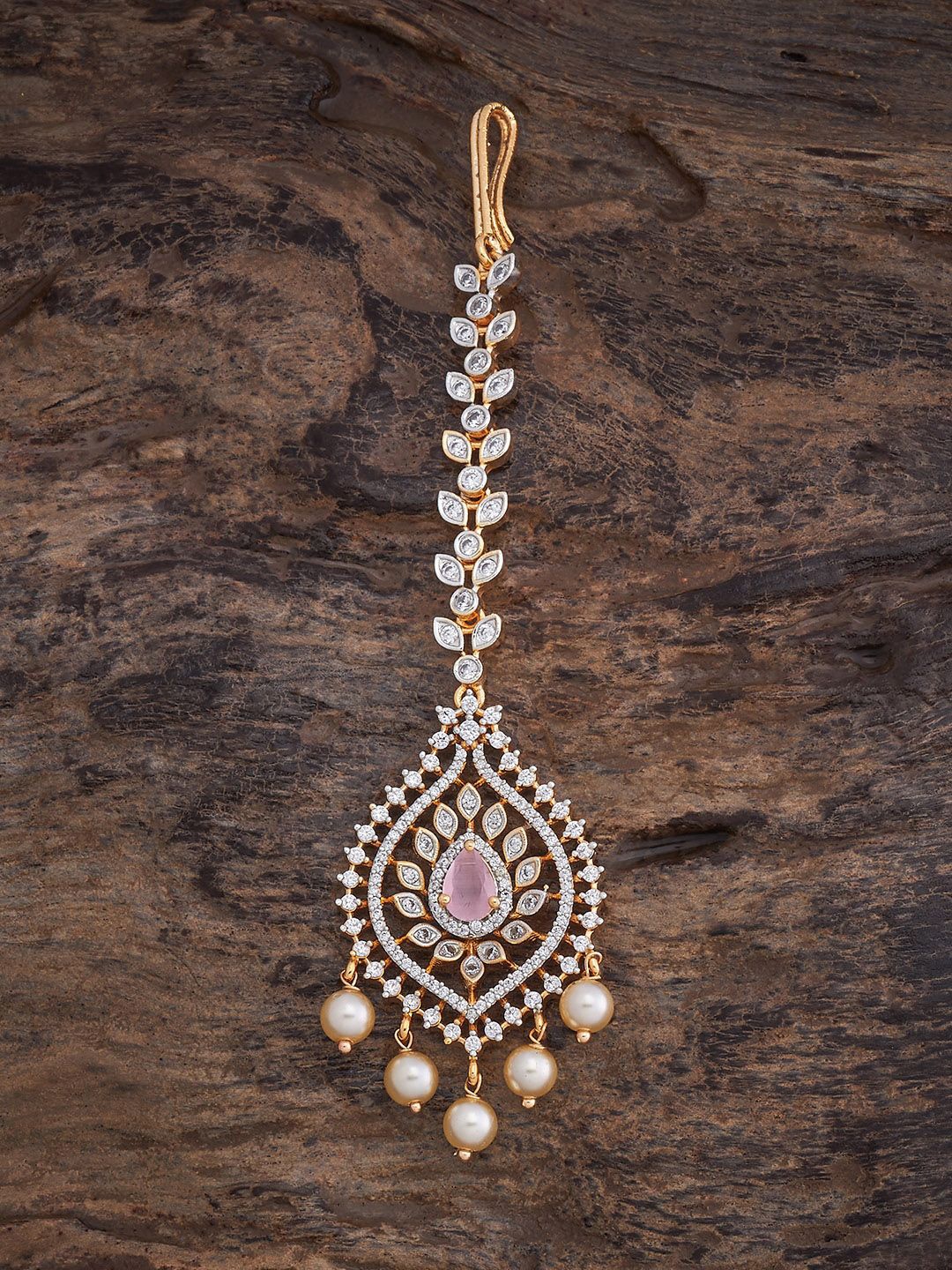 

Kushal's Fashion Jewellery Rhodium Gold-Plated Stone Studded and Beaded Maang Tikka