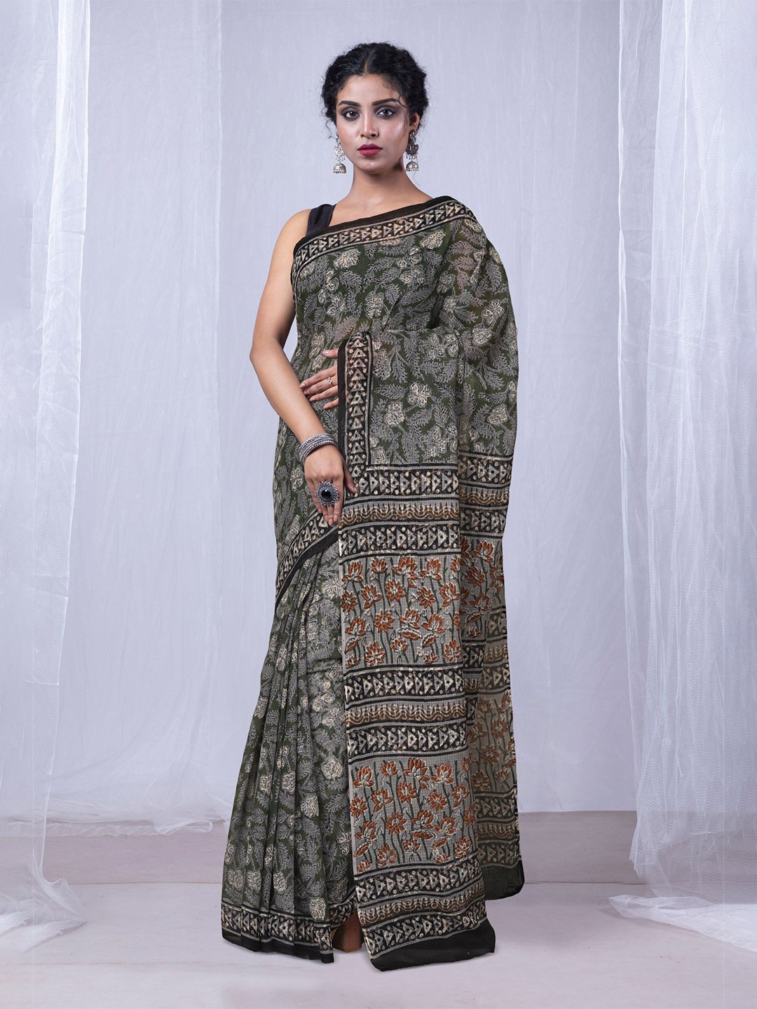 

Unnati Silks Floral Printed Net Handloom Kota Saree, Green