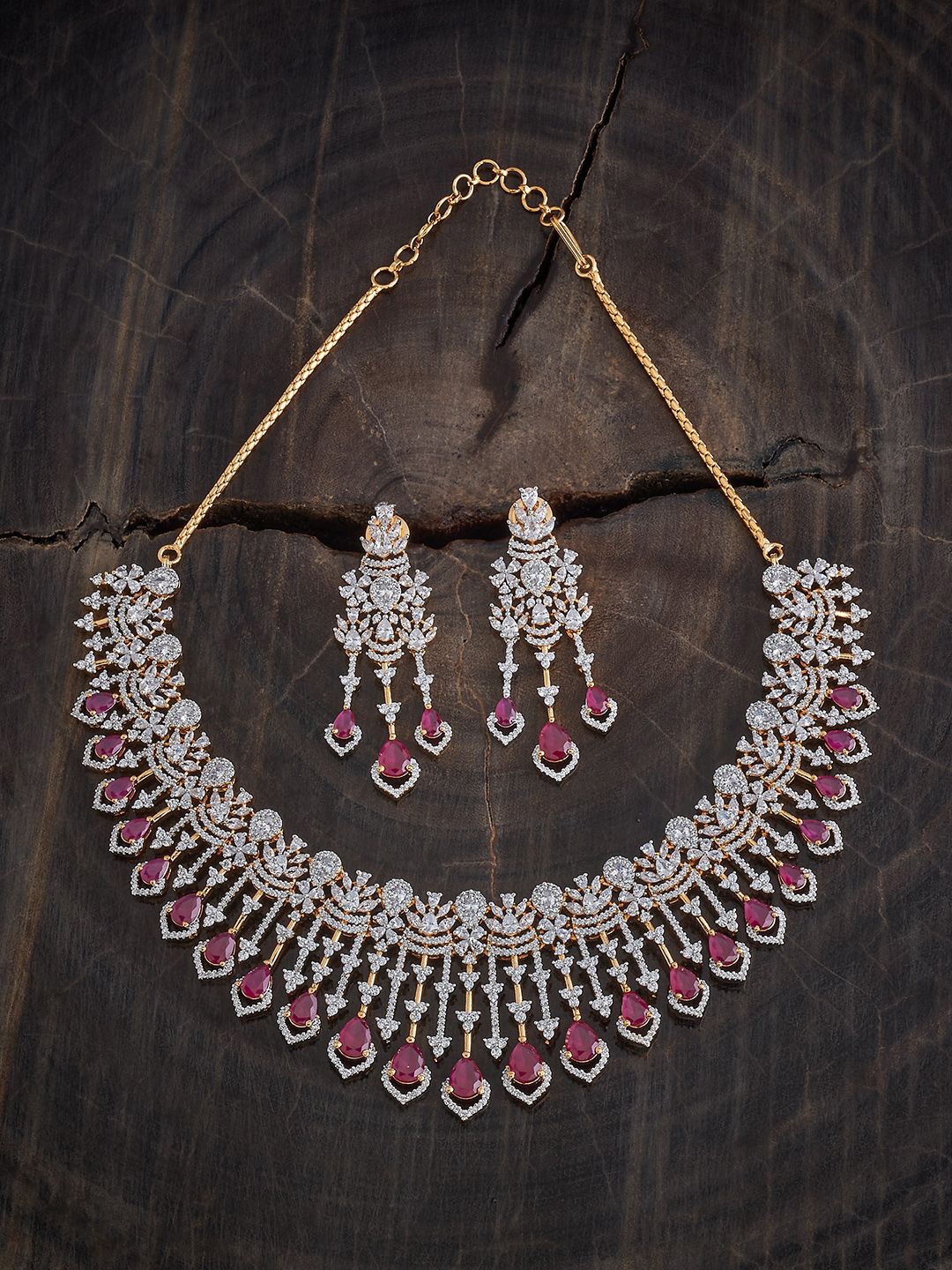 

Kushal's Fashion Jewellery Rhodium Gold-Plated CZ Studded Necklace and Earrings