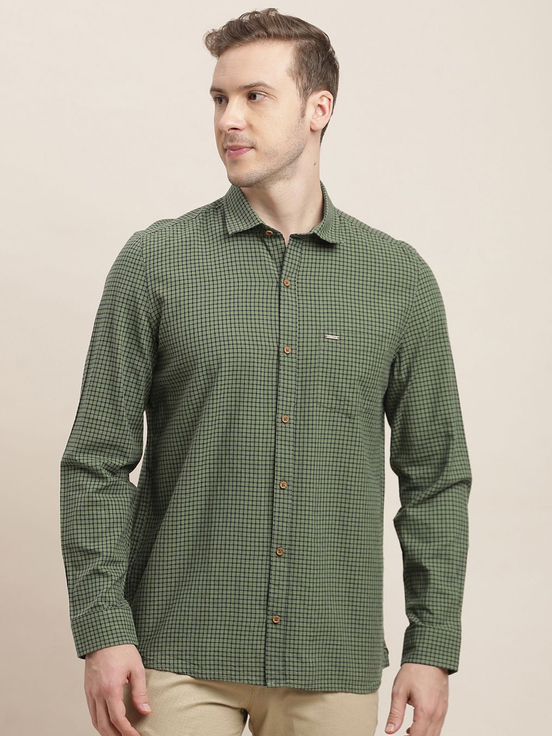 

Turtle Men Relaxed Slim Fit Opaque Checked Casual Shirt, Green