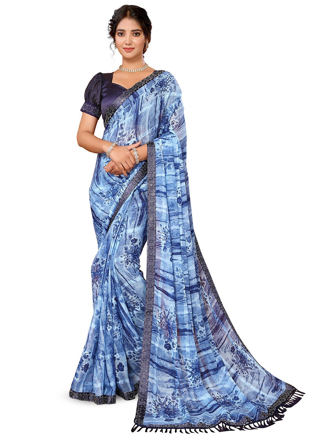 

KALINI Floral Printed Saree, Navy blue