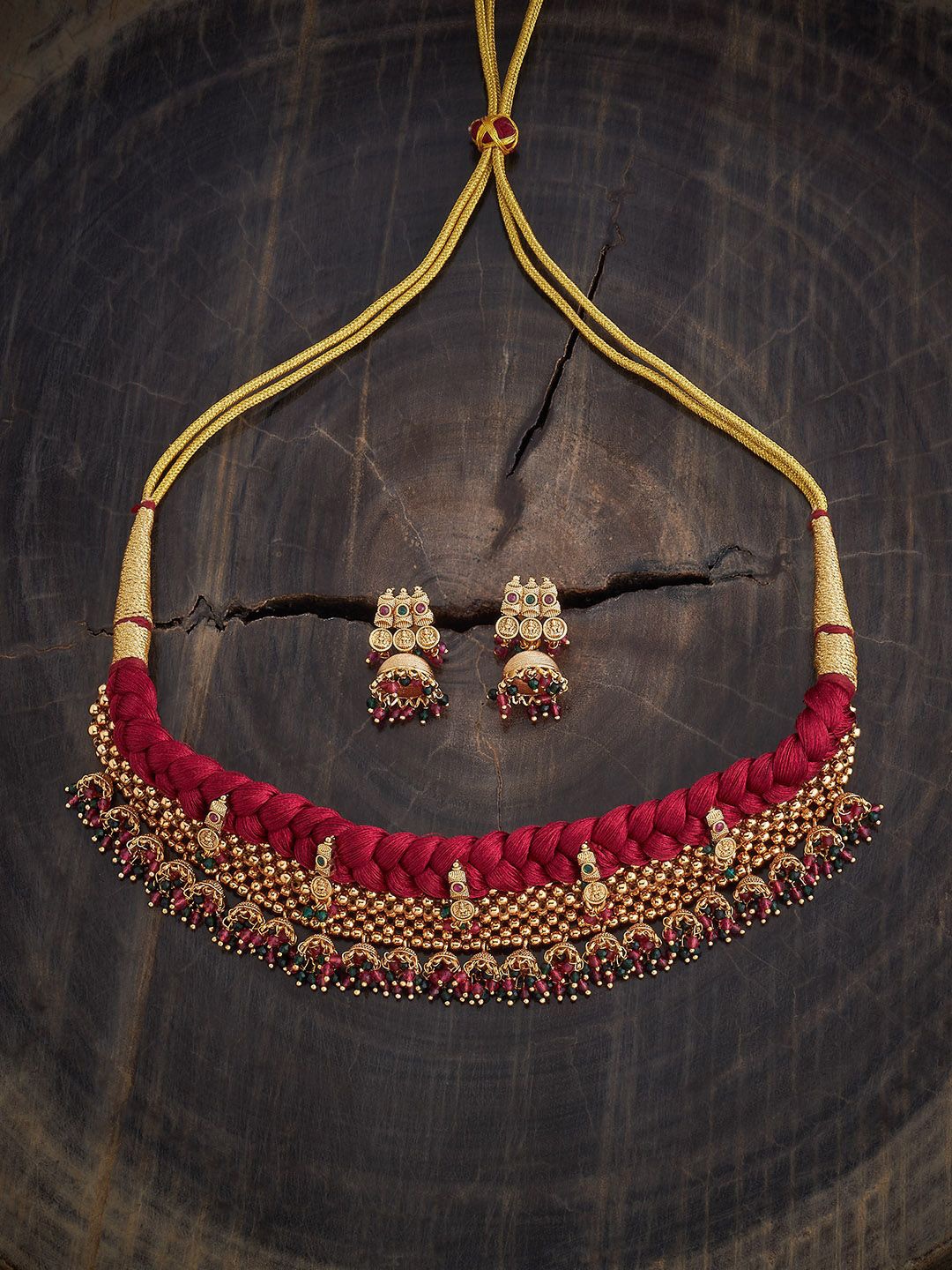 

Kushal's Fashion Jewellery Gold Plated Ruby Stones Studded Antique Jewellery Set