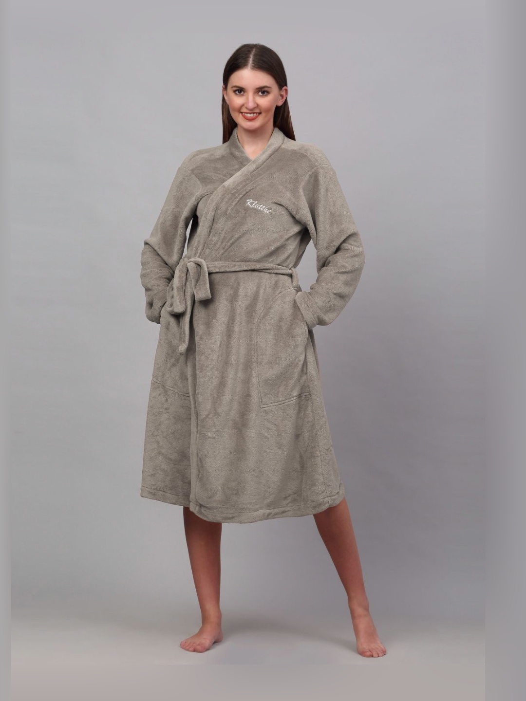 

KLOTTHE Woolen Taupe Shawl Collar Bath Robe With Belt