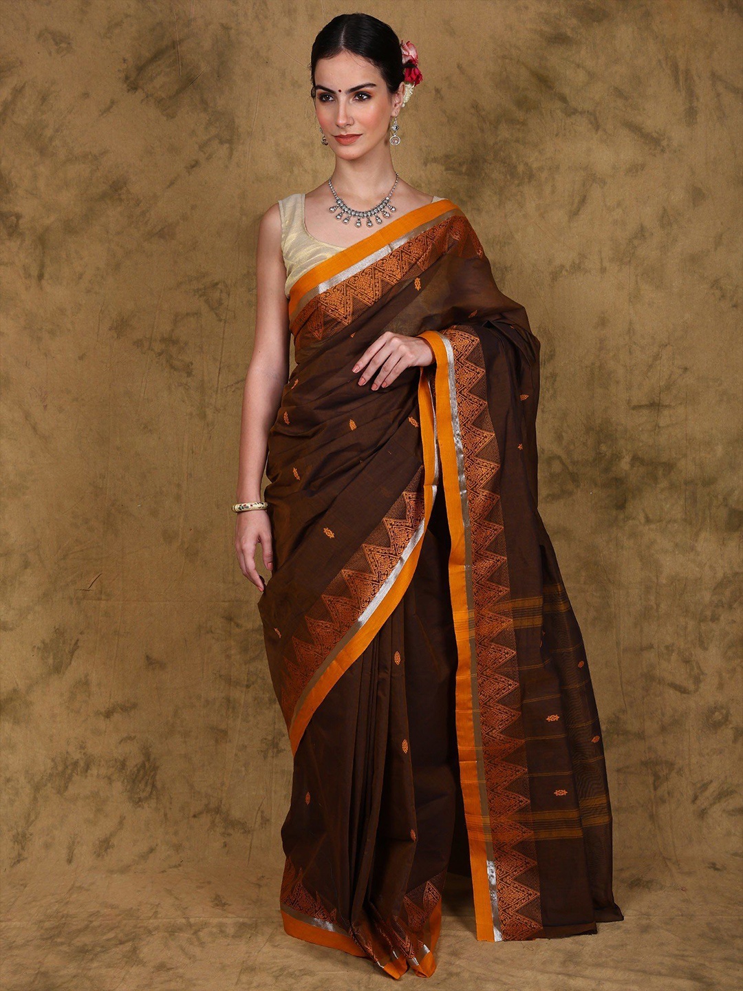 

Exotic India Chettinad Cotton Saree with Floral Temple Woven Border and Striped Pallu, Brown