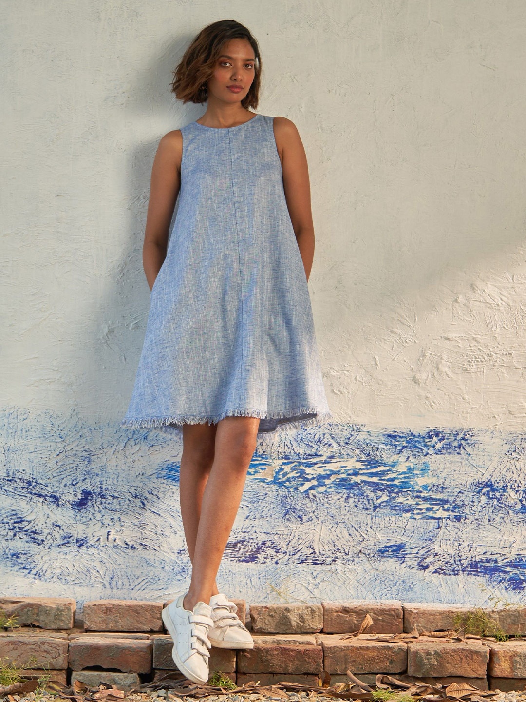 

Canoopi Women Cotton Sleeveless A-Line Dress, Blue