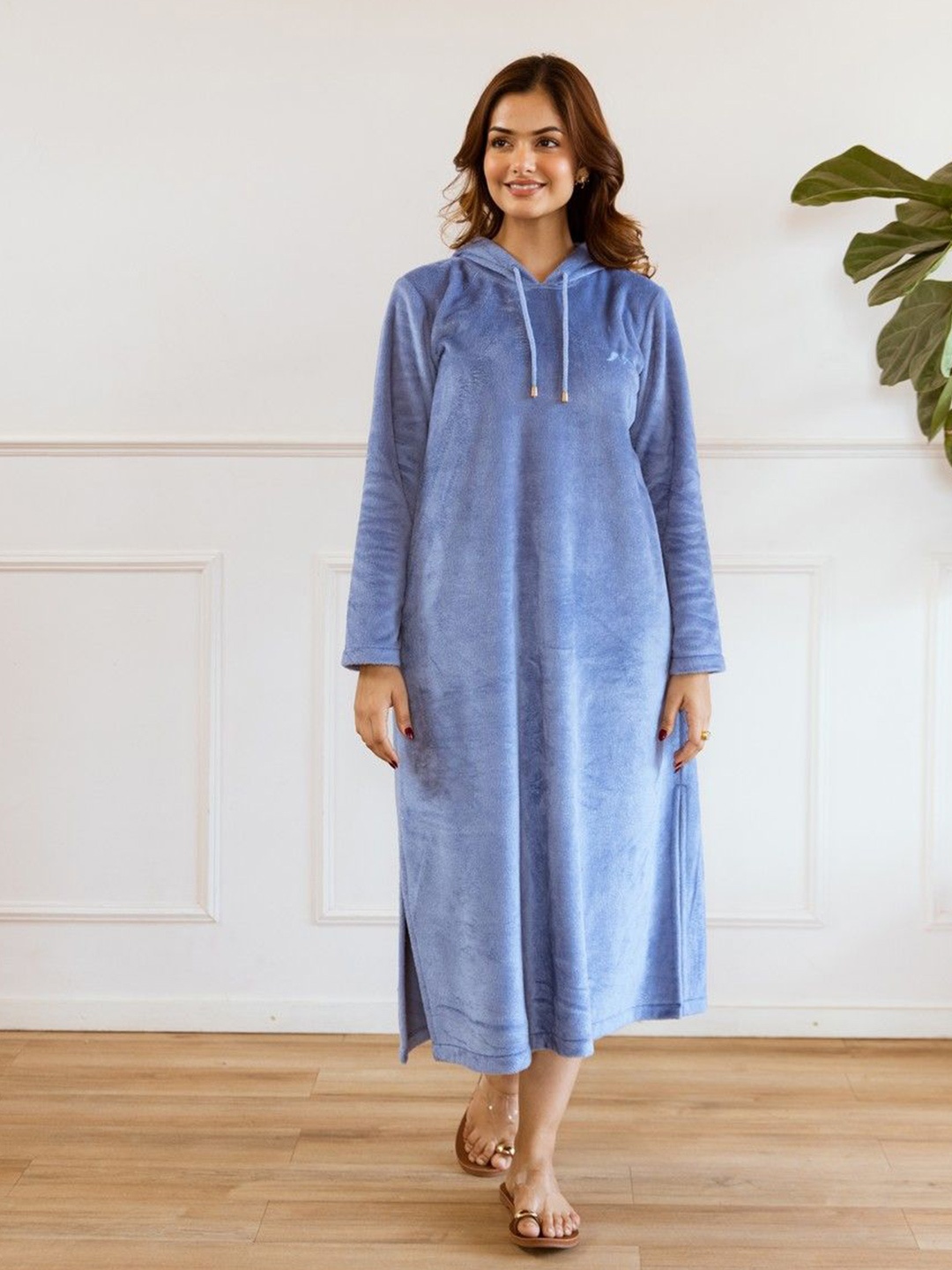 

FEATHERS CLOSET Velvet Super Soft Hoodie Midi Jumper Dress, Blue