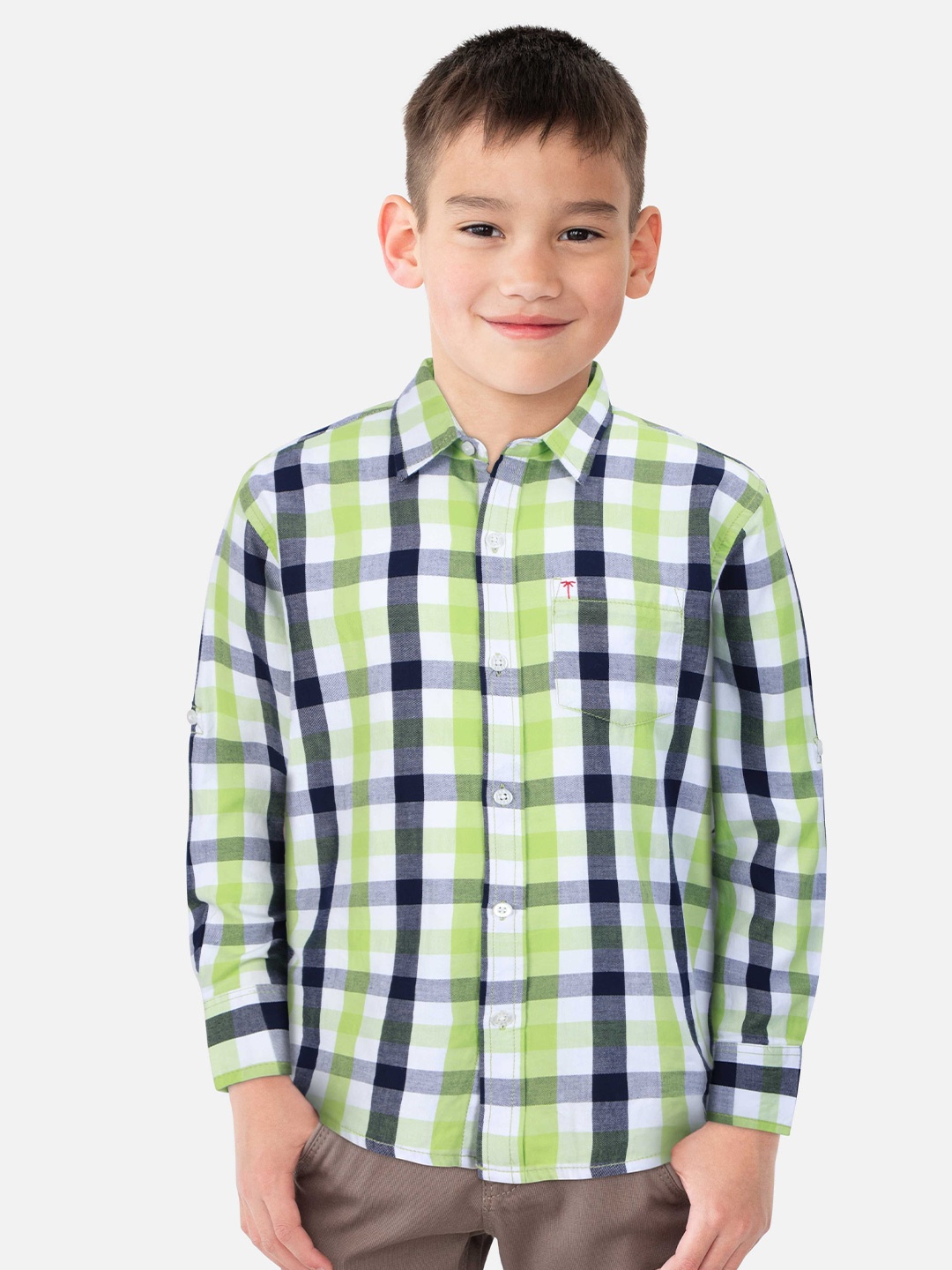 

Palm Tree Boys Standard Opaque Checked Casual Shirt, Green