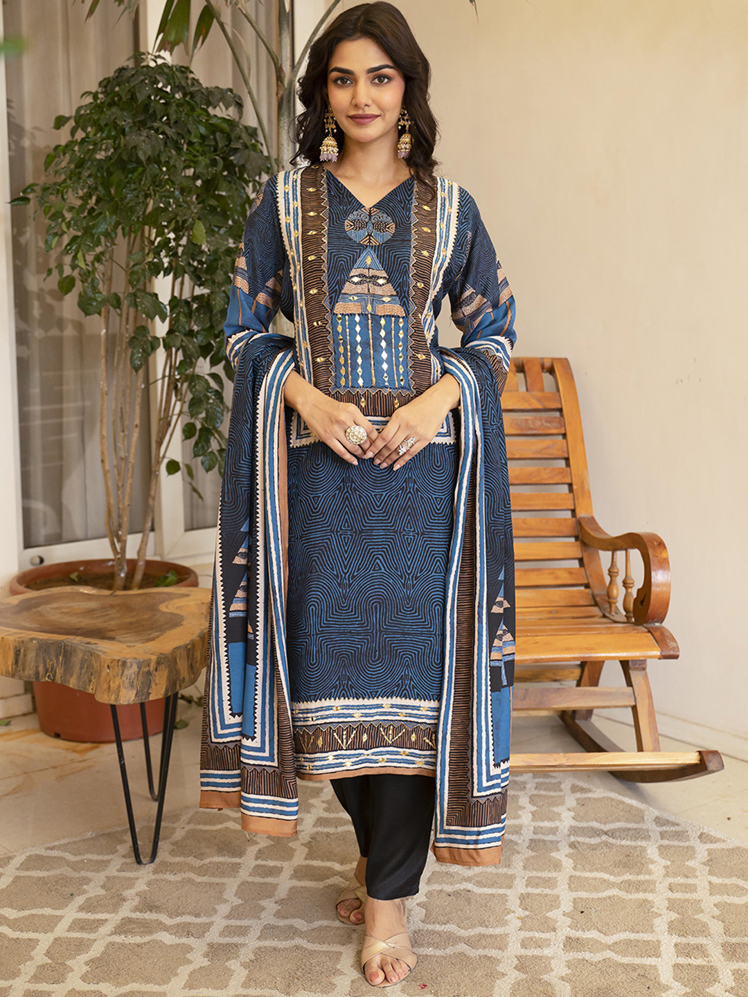 

Anouk Women Printed Regular Mirror Work Kurta with Trousers & With Dupatta, Blue