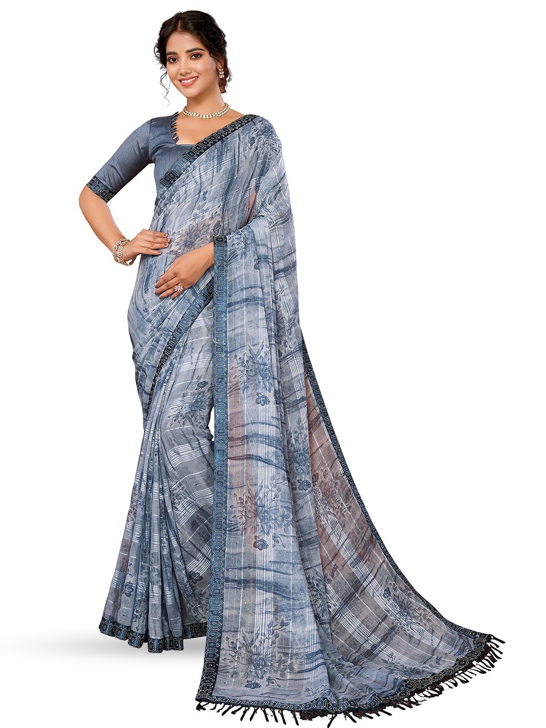 

KALINI Floral Beads and Stones Saree, Grey