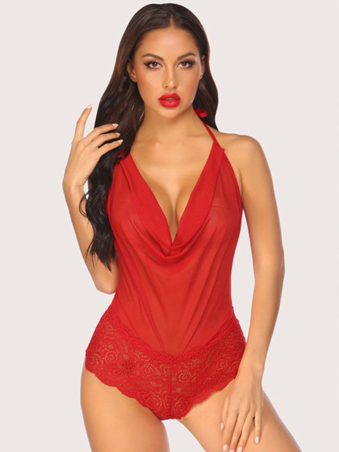 

VAGHBHATT Women Halter Neck Baby Doll, Red