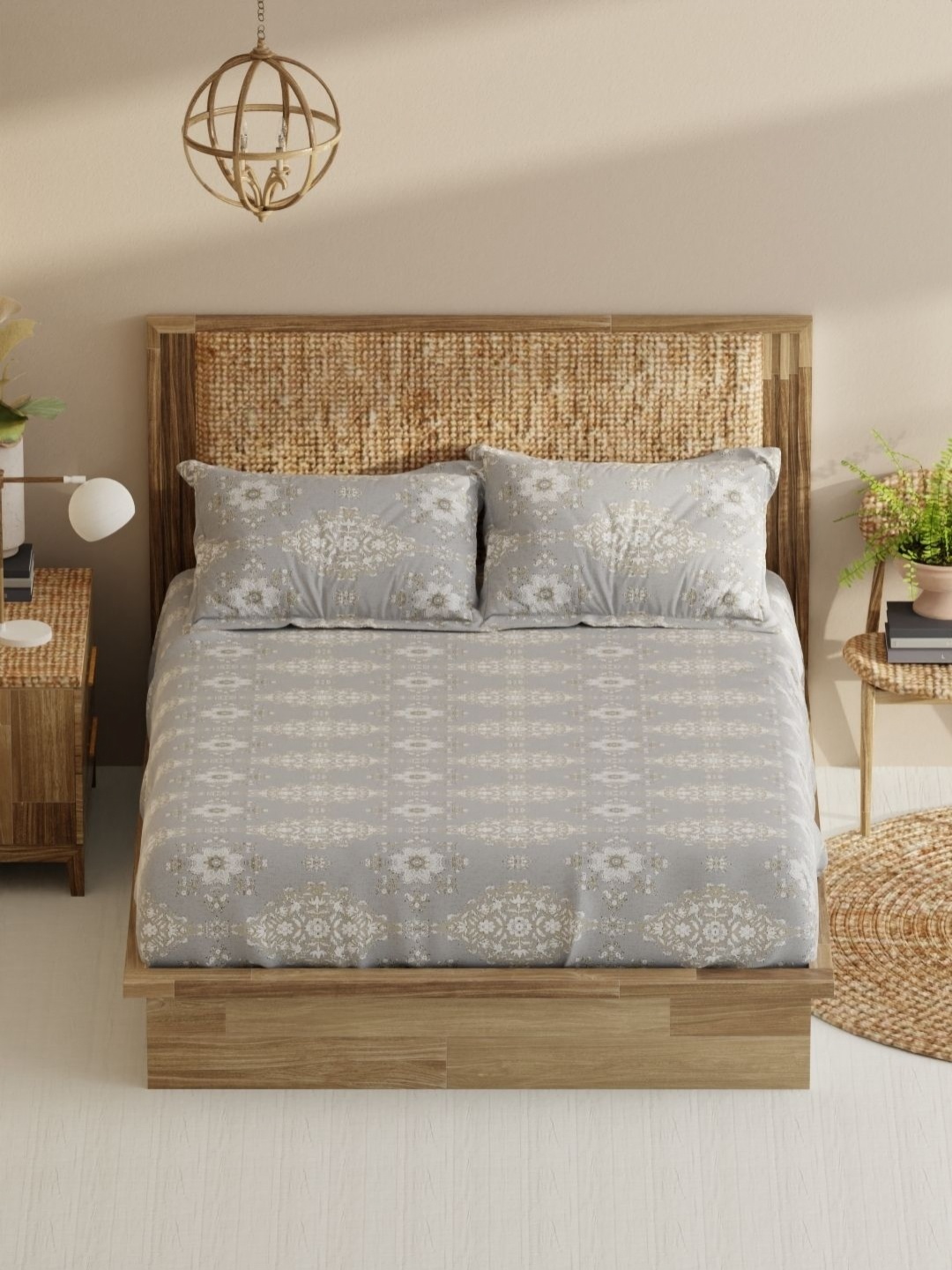 

BIANCA Monkler Grey Floral Printed 210 TC Pure Cotton King Bedsheet Set 2.29 m X 2.74 m