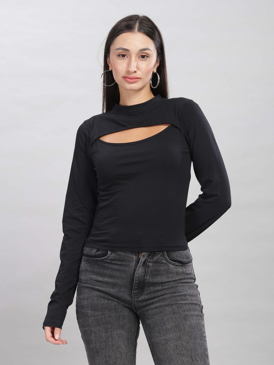 

HEYLAY Women Turtle Neck Drop-Shoulder Sleeves Pockets T-shirt, Black