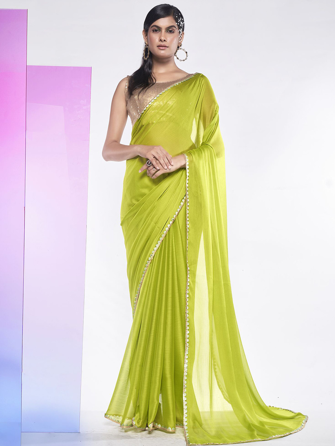 

modeva Sequinned Pure Chiffon Ready to Wear Saree, Fluorescent green