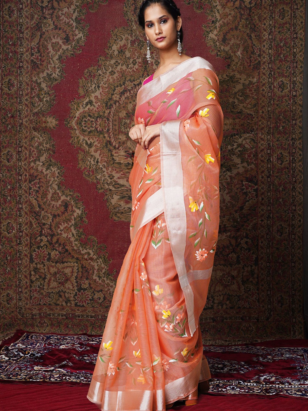 

Unnati Silks Floral Printed Zari Net Kota Saree, Orange