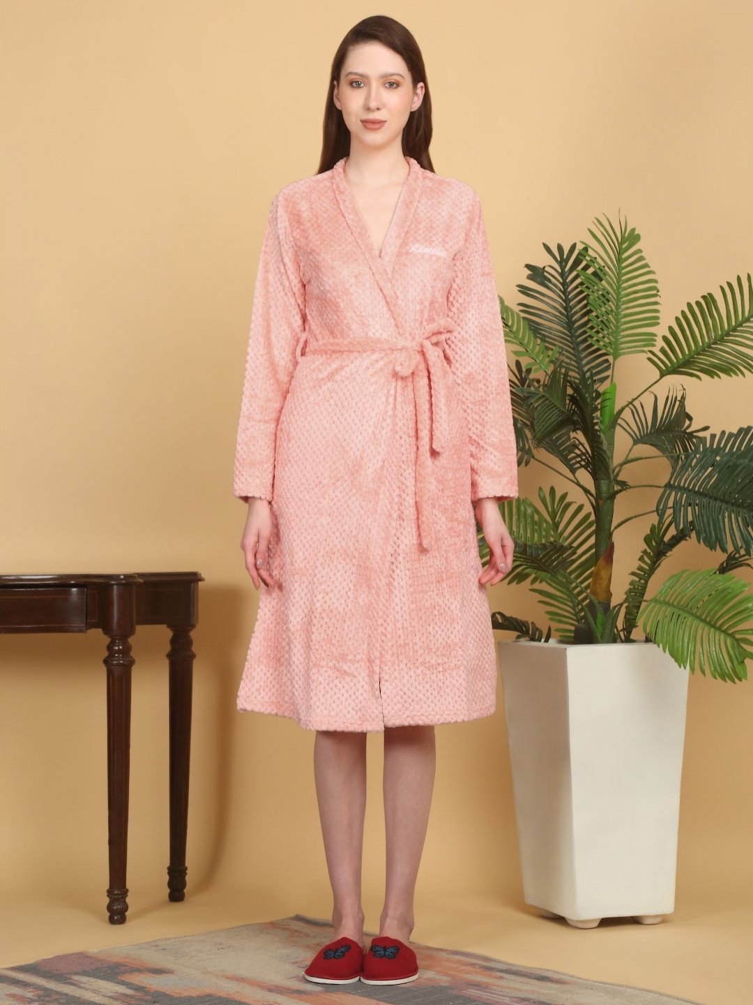 

KLOTTHE Peach-Coloured Self Design Woollen Bath Robe With Belt