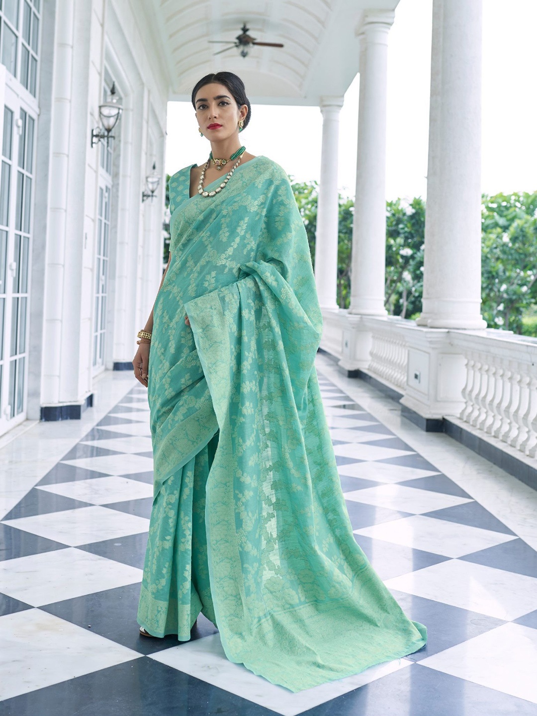 

Rujave Women Woven Design Zari Saree, Sea green