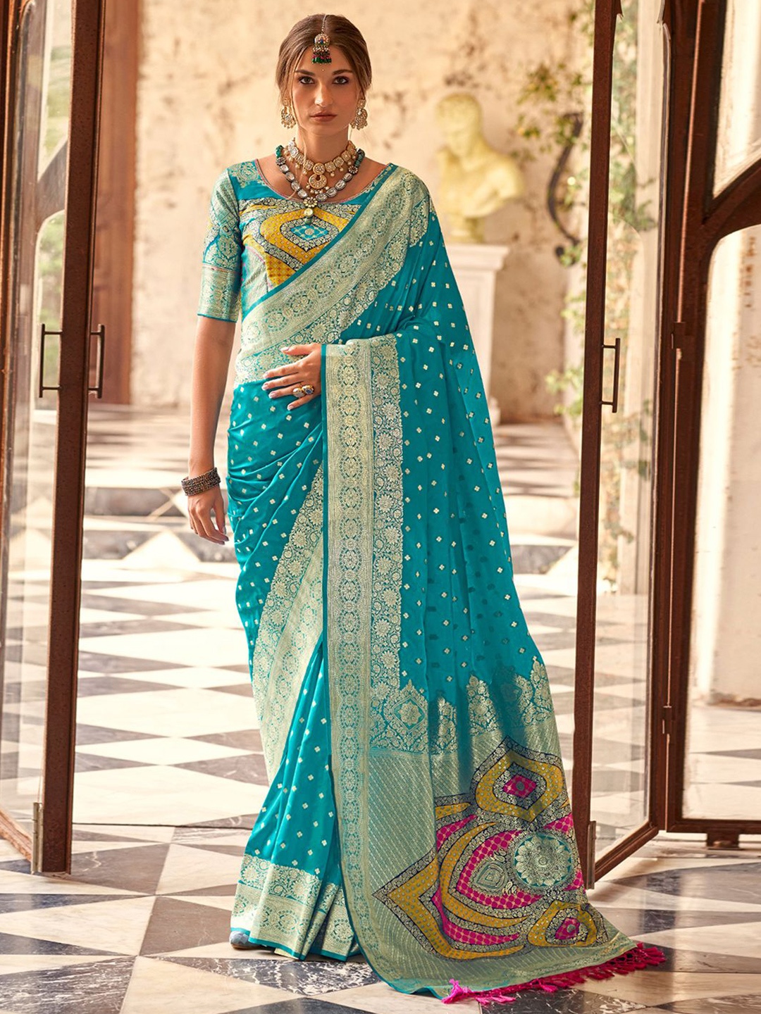 

Satrani Woven Design Zari Pure Silk Banarasi Saree, Blue