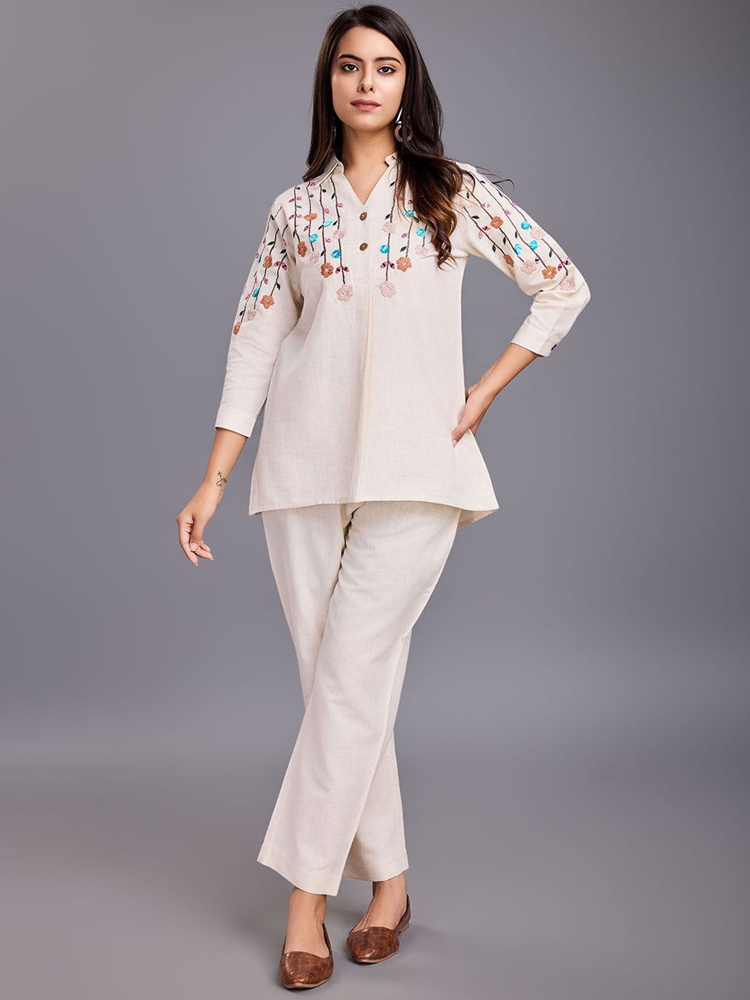 

Komarri U Shirt Collar Embroidered Pure Cotton Top With Trousers, Beige