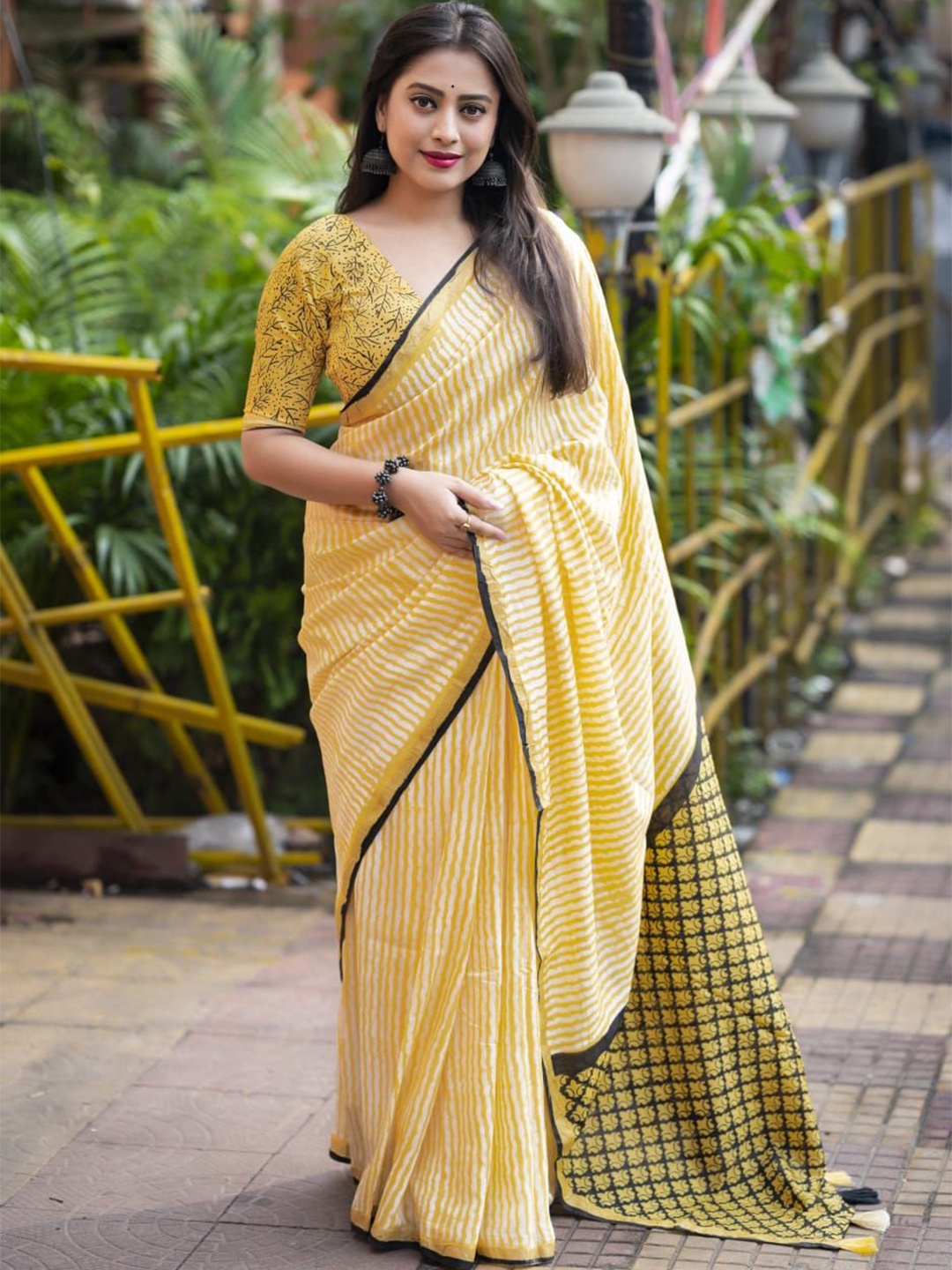 

STAVA CREATION Leheriya Pure Cotton Chanderi Saree, Yellow