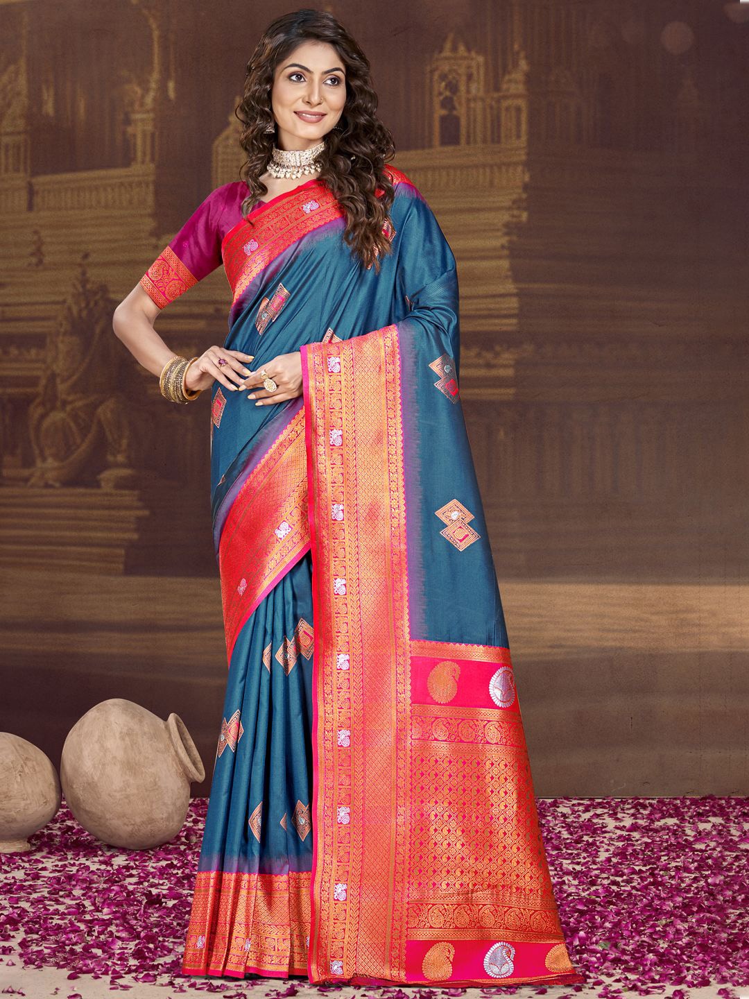 

SANGAM PRINTS Woven Design Silk Blend Designer Tussar Saree, Blue