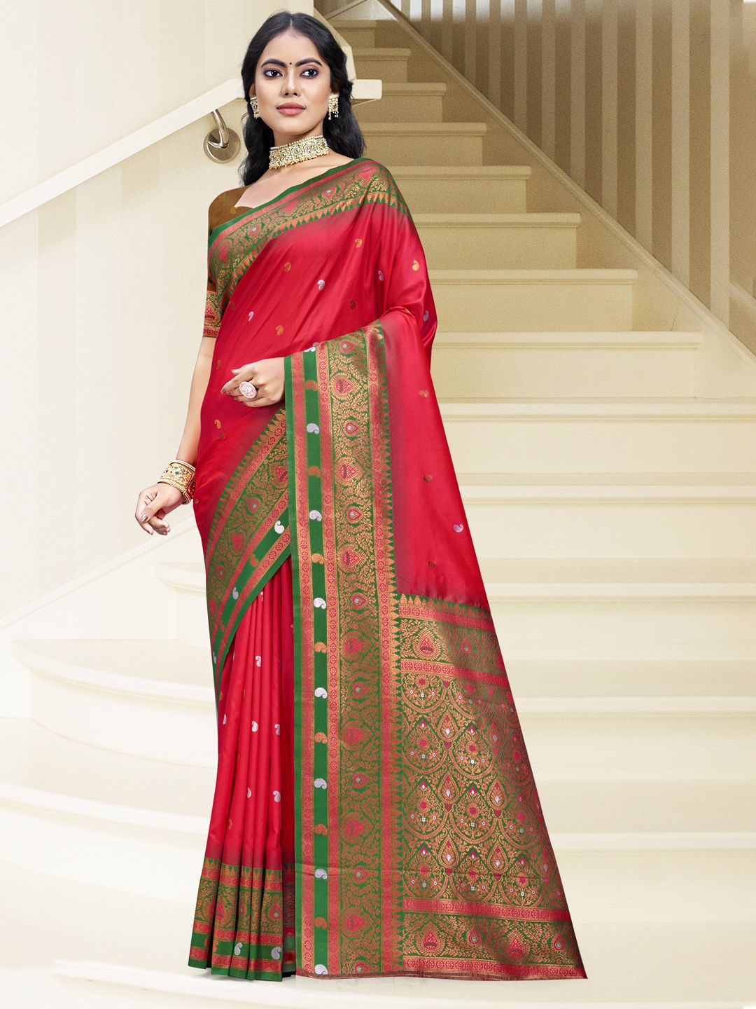 

SANGAM PRINTS Woven Design Zari Silk Blend Tussar Saree, Rose