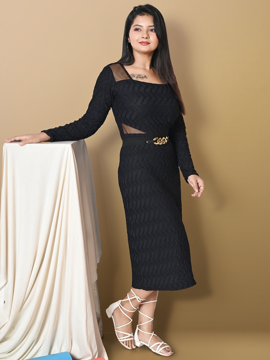 

BAESD Checked Crepe A-Line Dress, Black