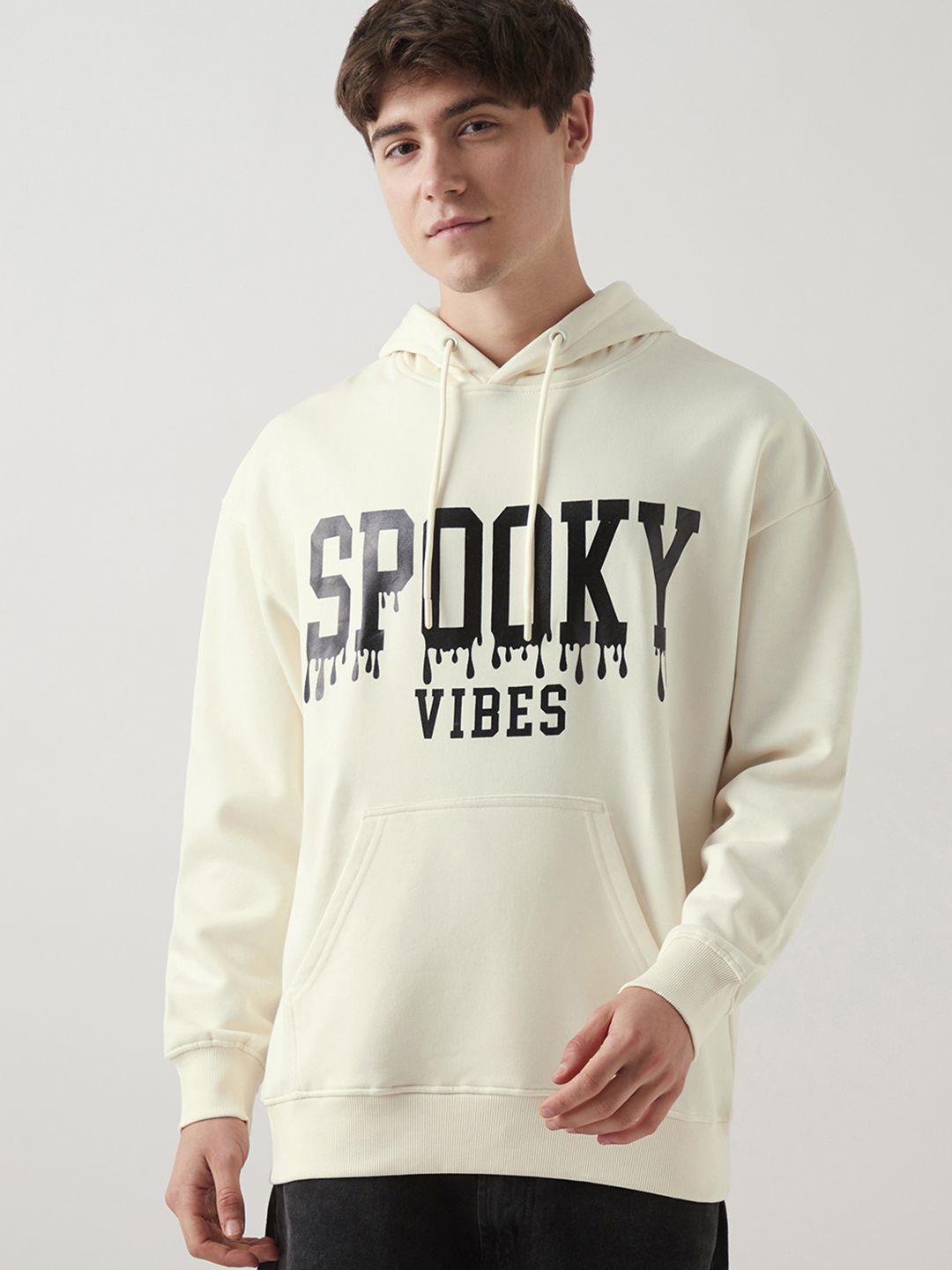 

Bewakoof Heavy Duty Men Typography Printed Hooded Pullover Sweatshirt, Beige
