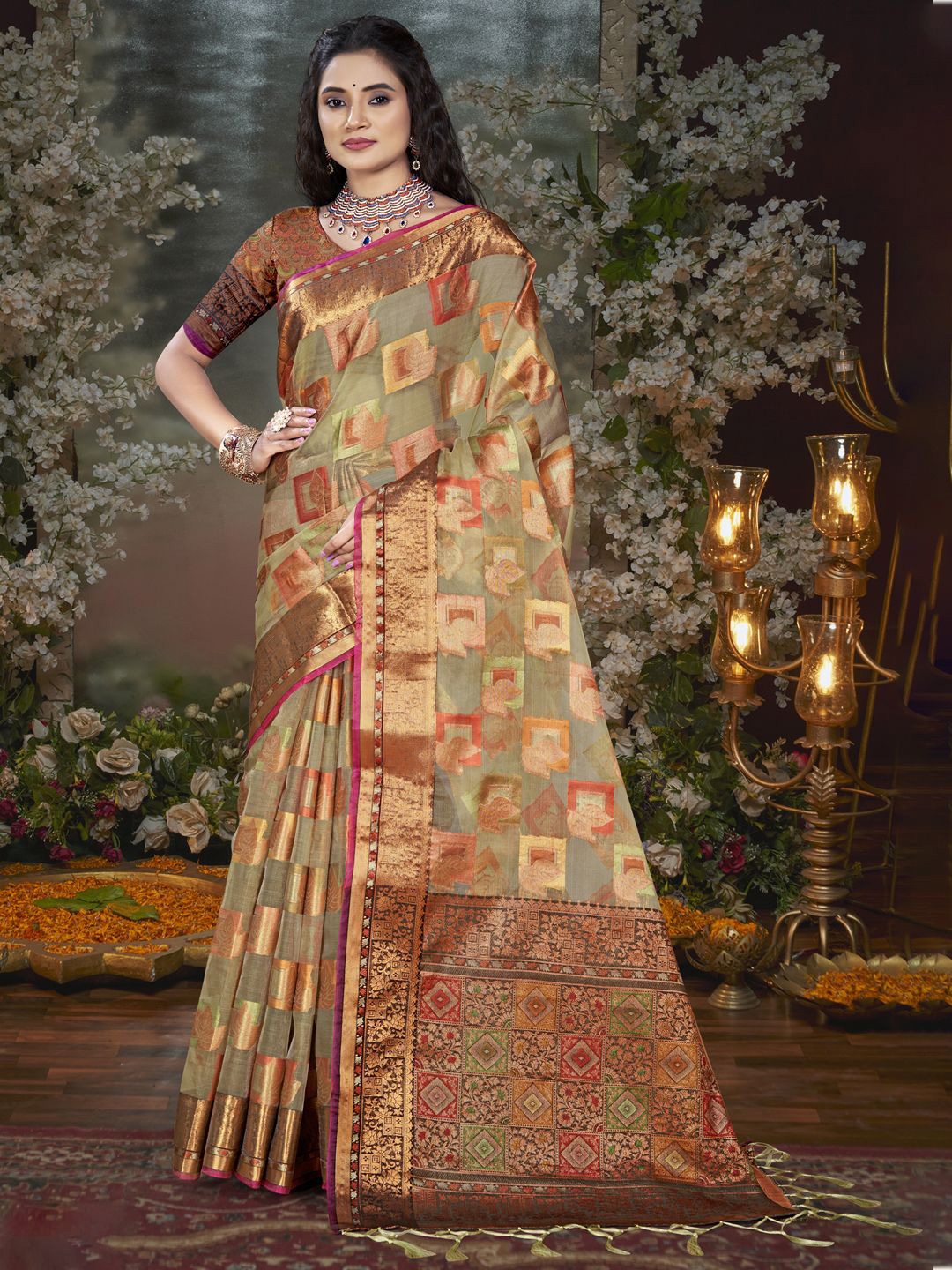 

SANGAM PRINTS Woven Design Zari Tissue Tussar Saree, Grey