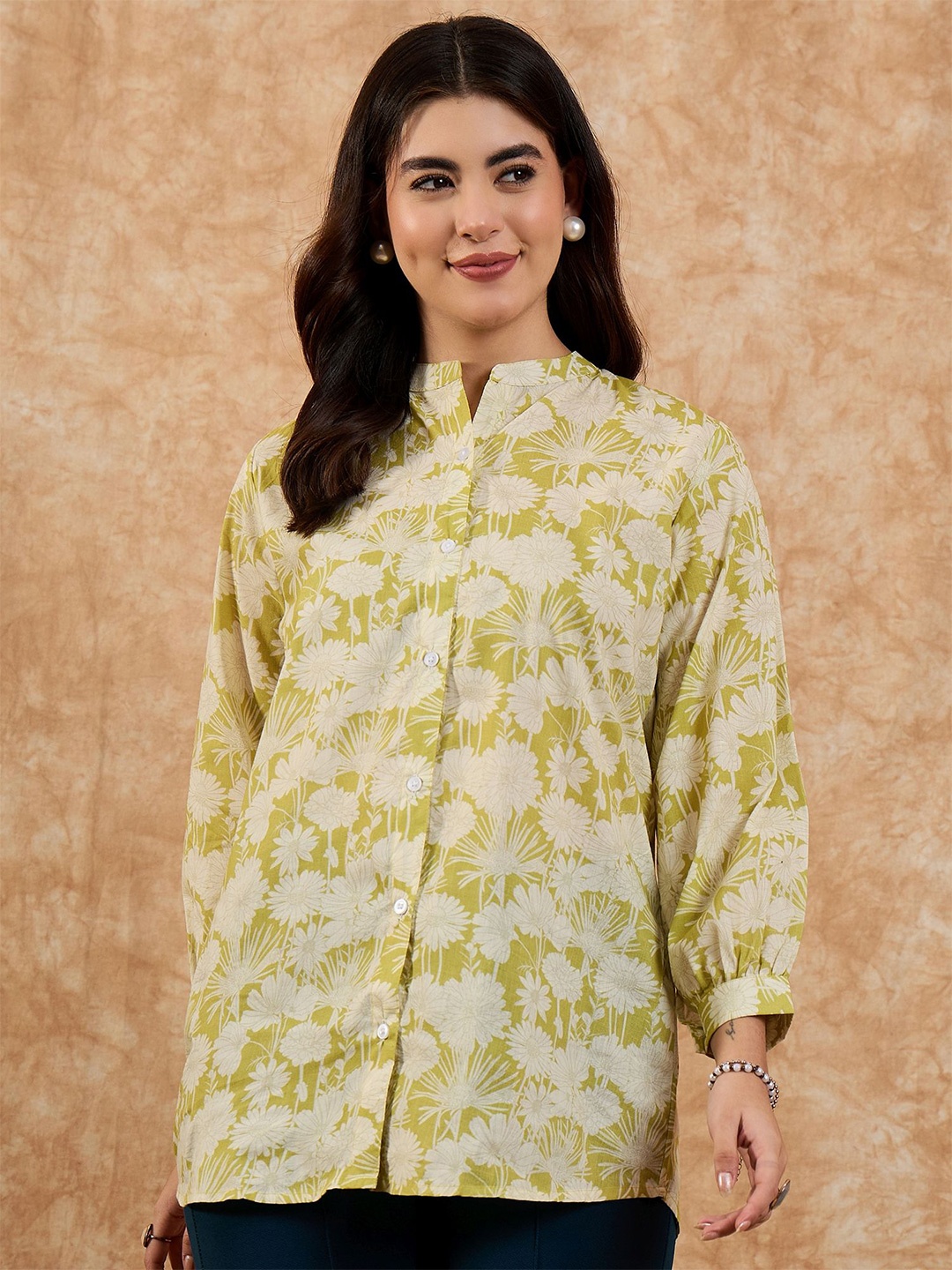 

Anouk Women Cotton Floral Printed Puff Sleeves Regular Fit Shirt, Yellow