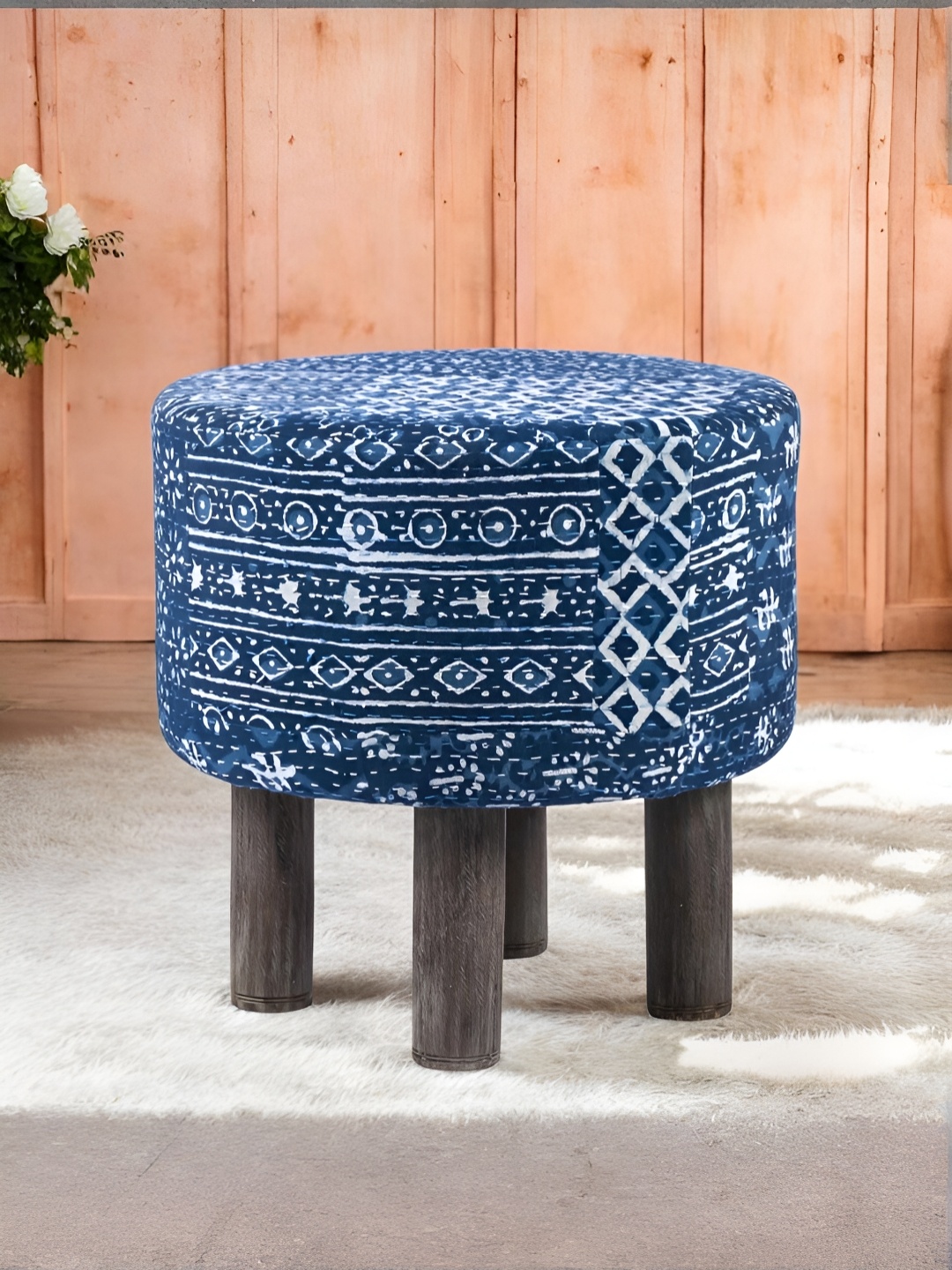 

Ikiriya Blue & White Printed Cotton Cylindrical Ottoman