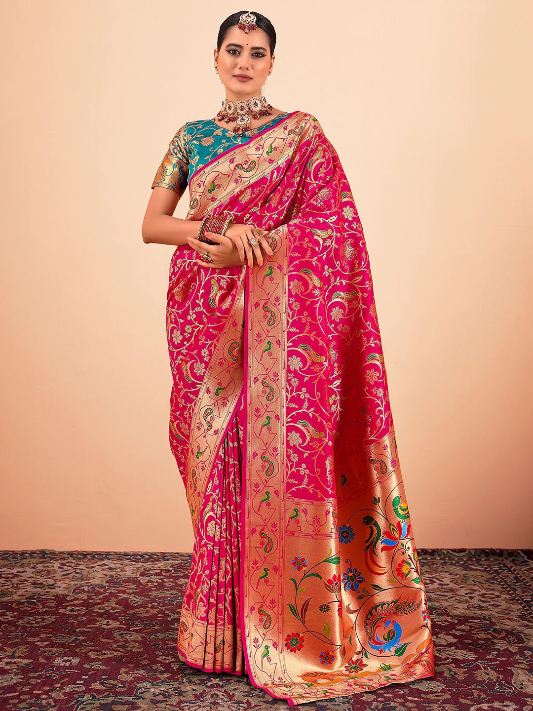 

Satrani Woven Design Zari Pure Silk Paithani Saree With Blouse piece, Pink