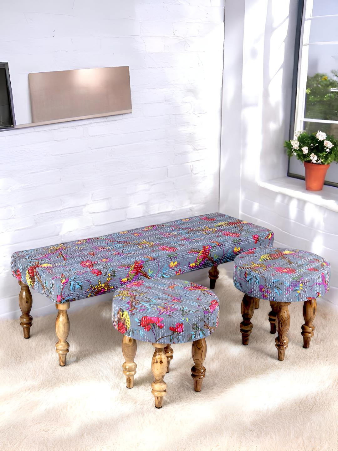 

Ikiriya Grey & Pink Mid Century Seat Bench Set with 2 Stools