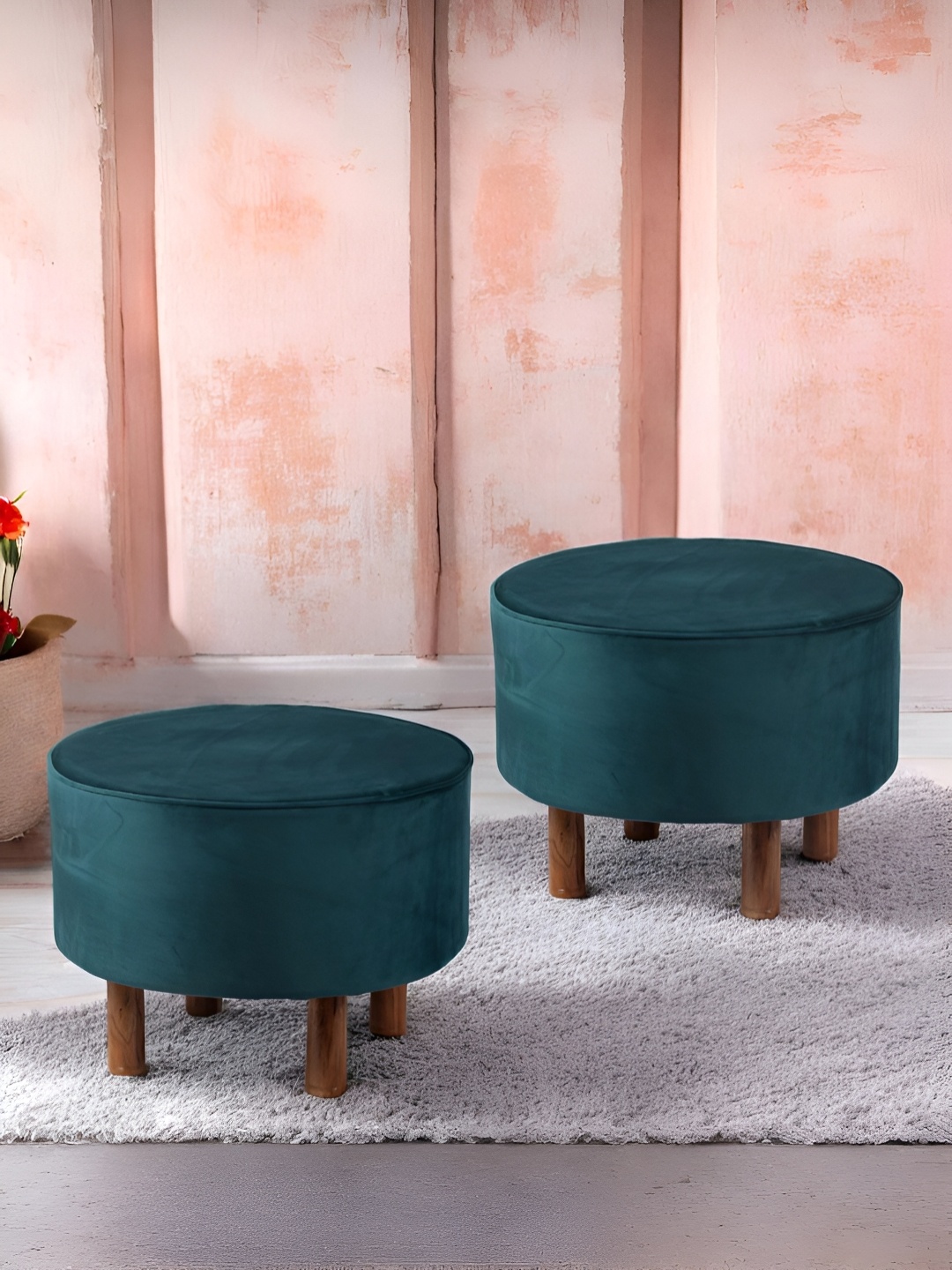 

Ikiriya 2-Pcs Turqoise Blue Wooden Cotton Round Ottomans, Turquoise blue