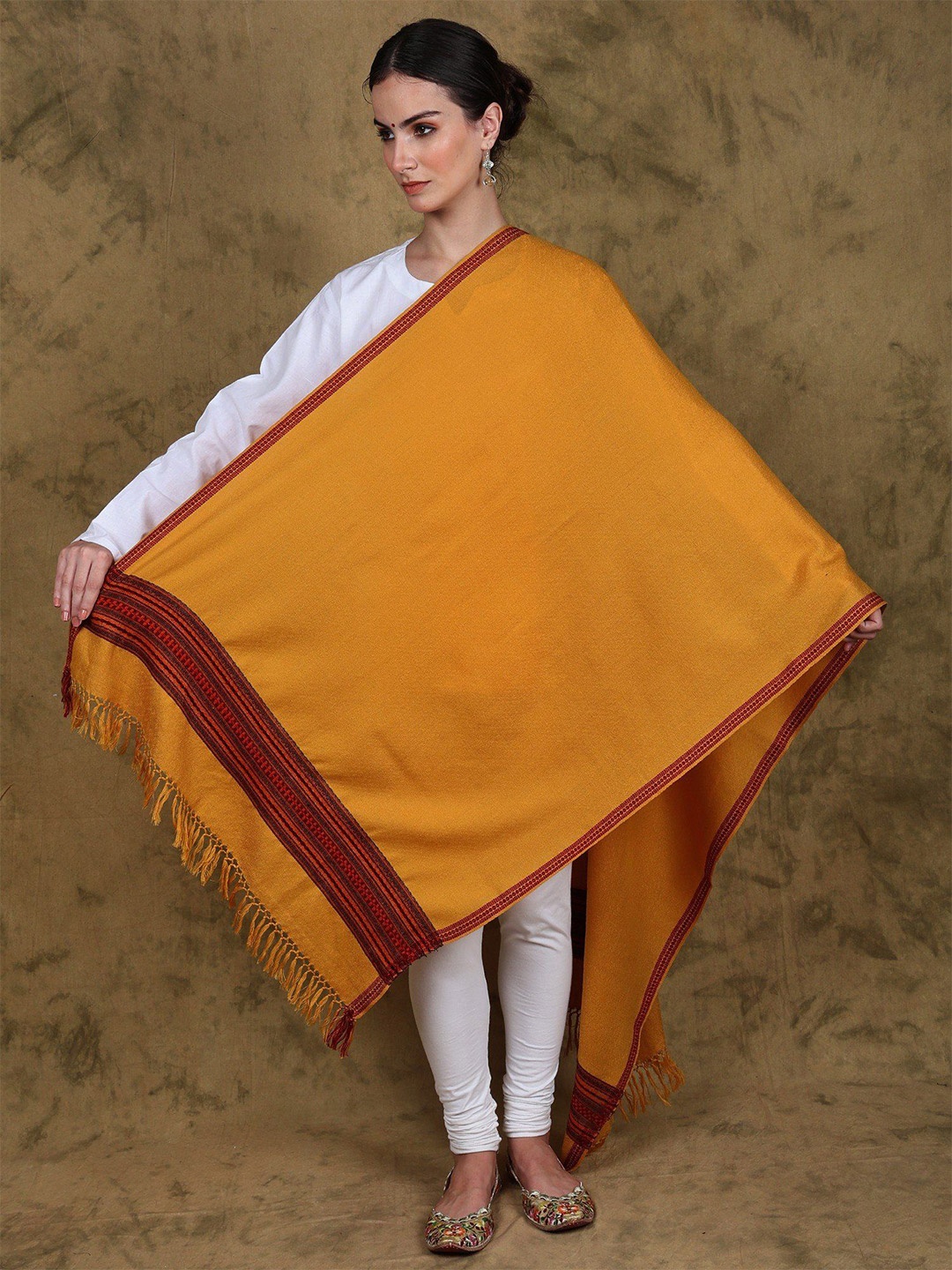 

Exotic India Wool Handloom Stole from Kullu with Multicolor Woven Kinnauri Border, Gold