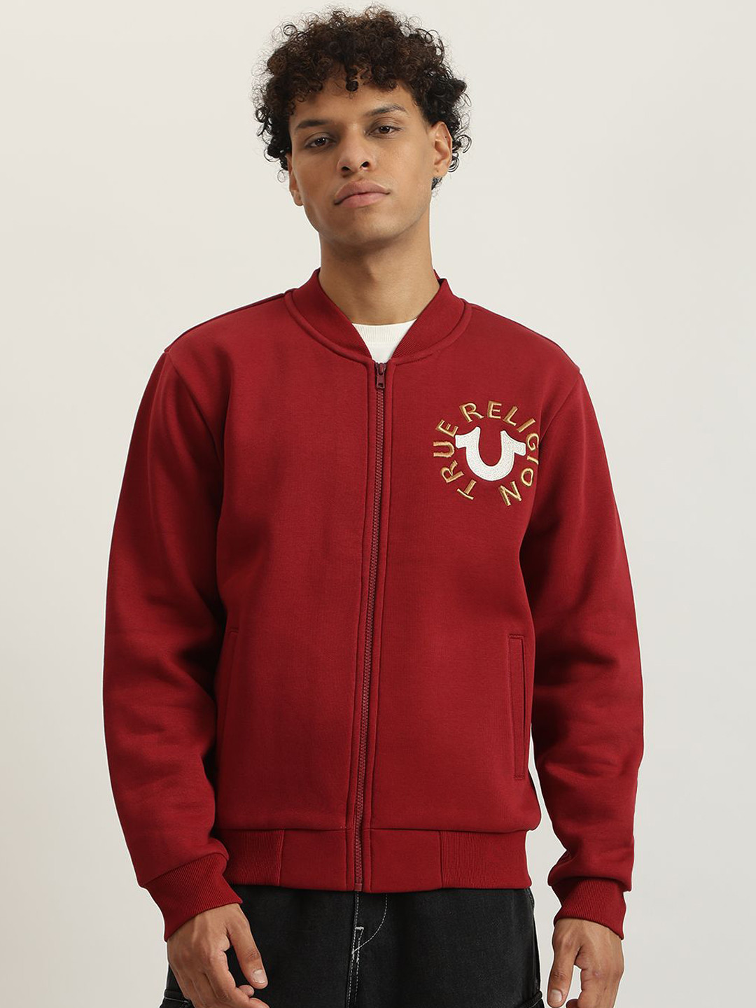 

True Religion Men Bomber with Embroidered Jacket, Red