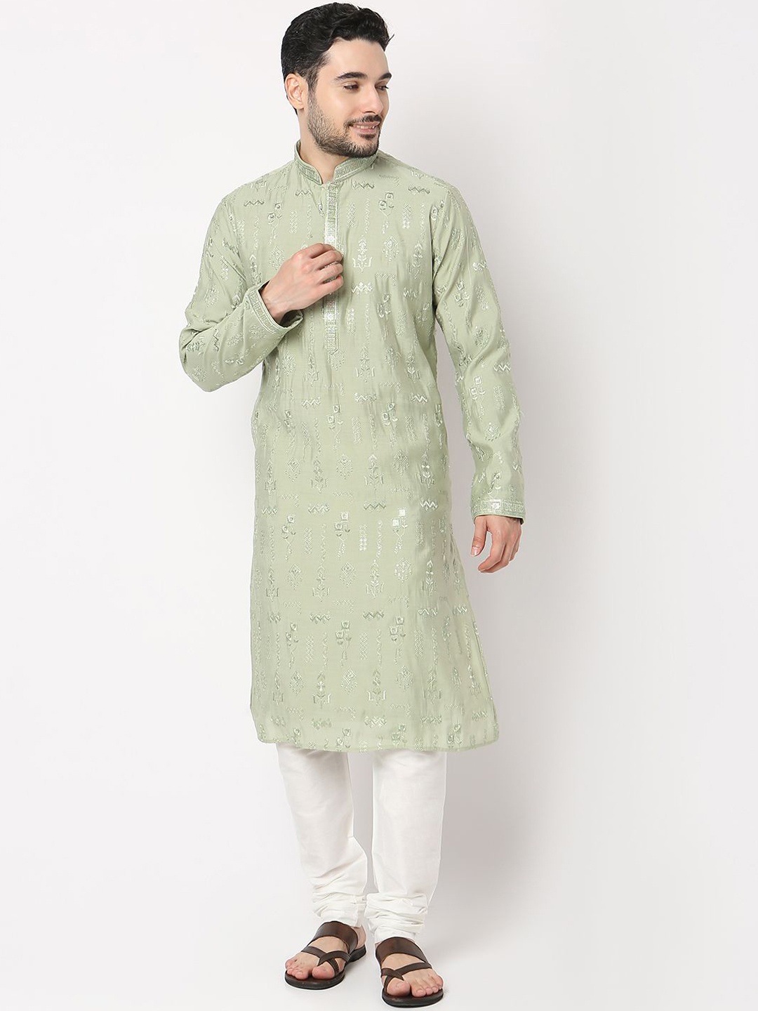 

Ethnicity Men Ethnic Motifs Embroidered Regular Thread Work Kurta with Pyjamas, Green