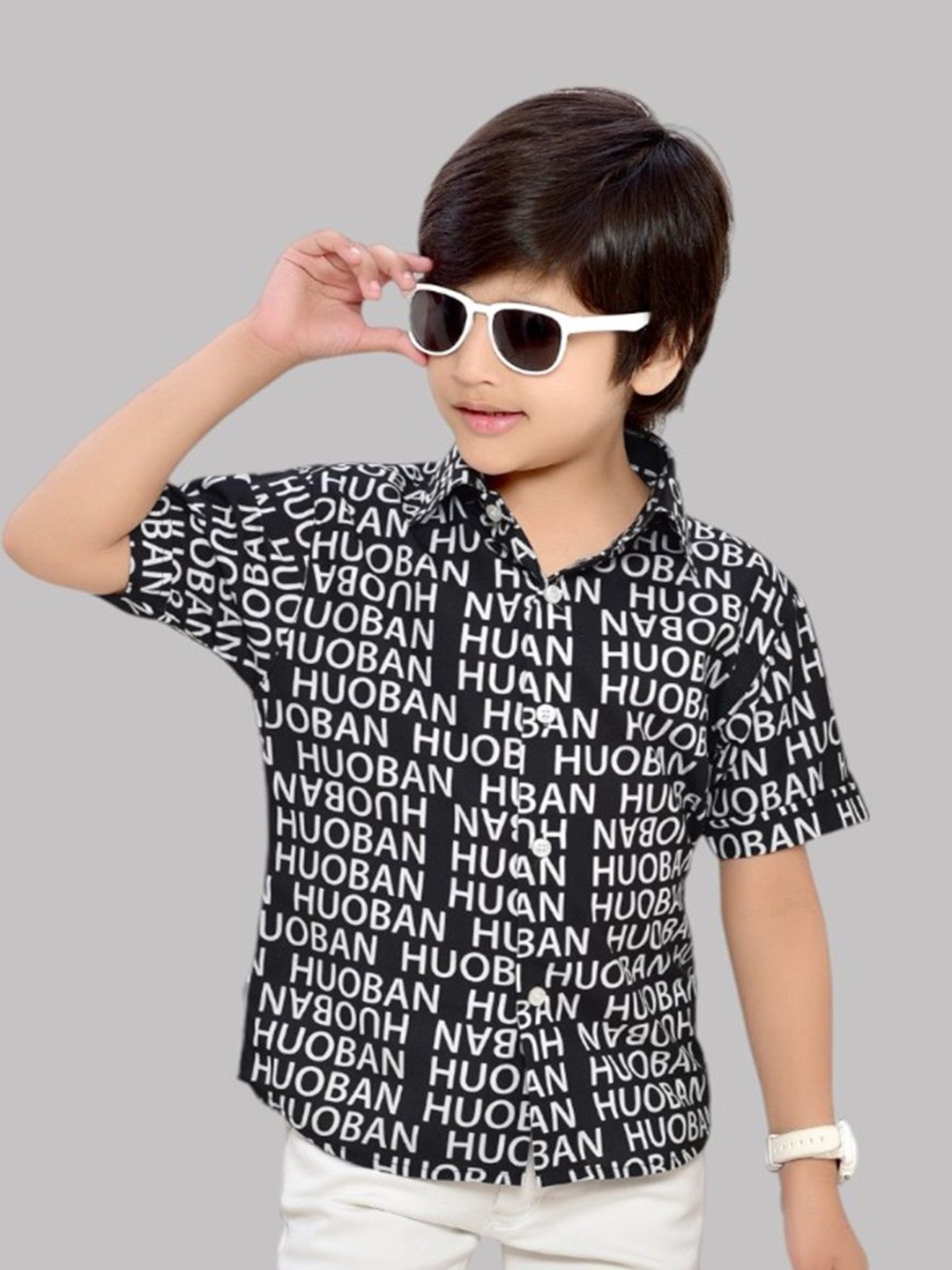 

BAESD Boys Comfort Spread Collar Graphic Printed Cotton Casual Shirt, Black