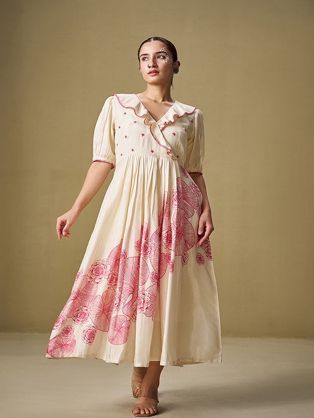 

SUKRUTI DESIGN Floral Print Puff Sleeve Fit & Flare Midi Dress, Pink