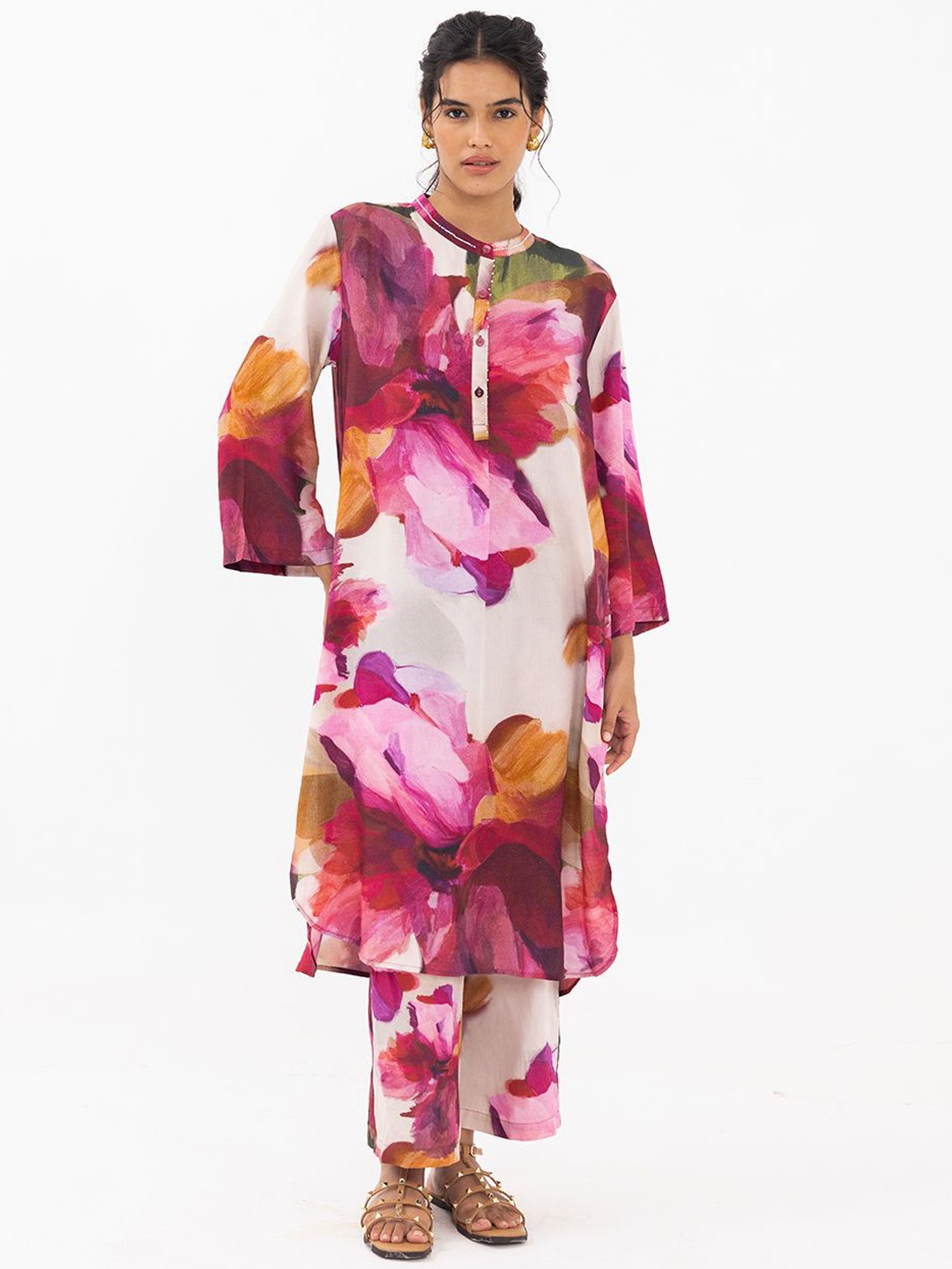 

THR3Letter Floral Printed Band Collar Three-Quarter Sleeves Linen Top & Trouser, Pink