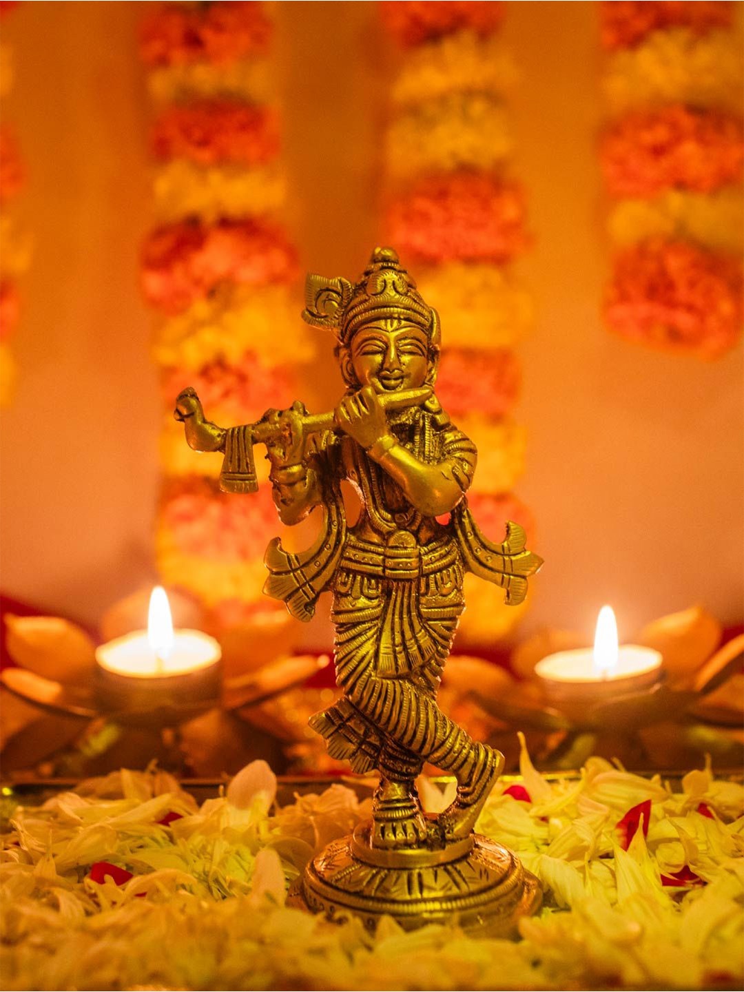 

10club Yellow Pure Brass Lord Krishna Idol with Flute Showpiece