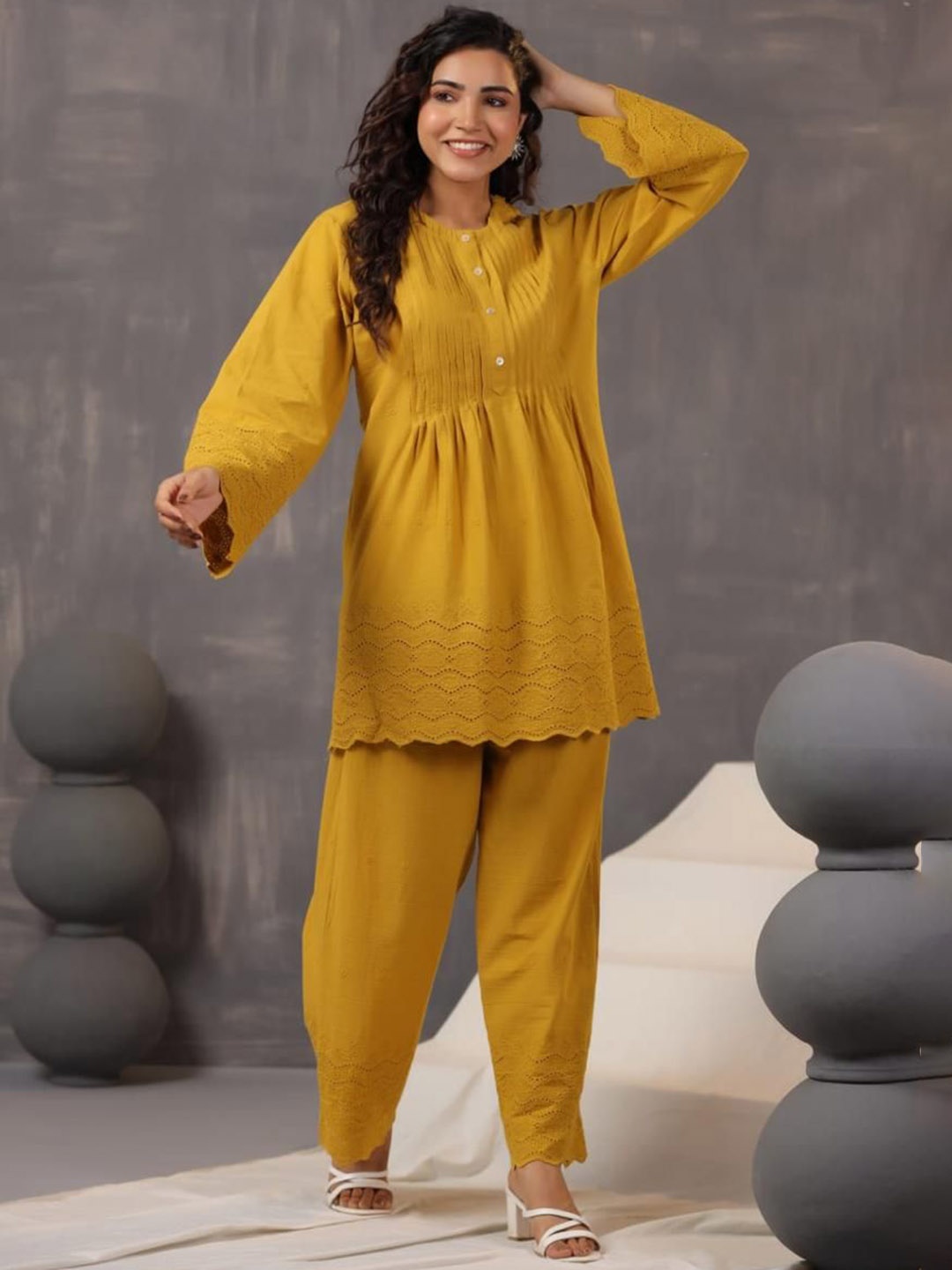 

INDYES Women Pleated Thread Work Pure Cotton Kurti with Palazzos, Mustard