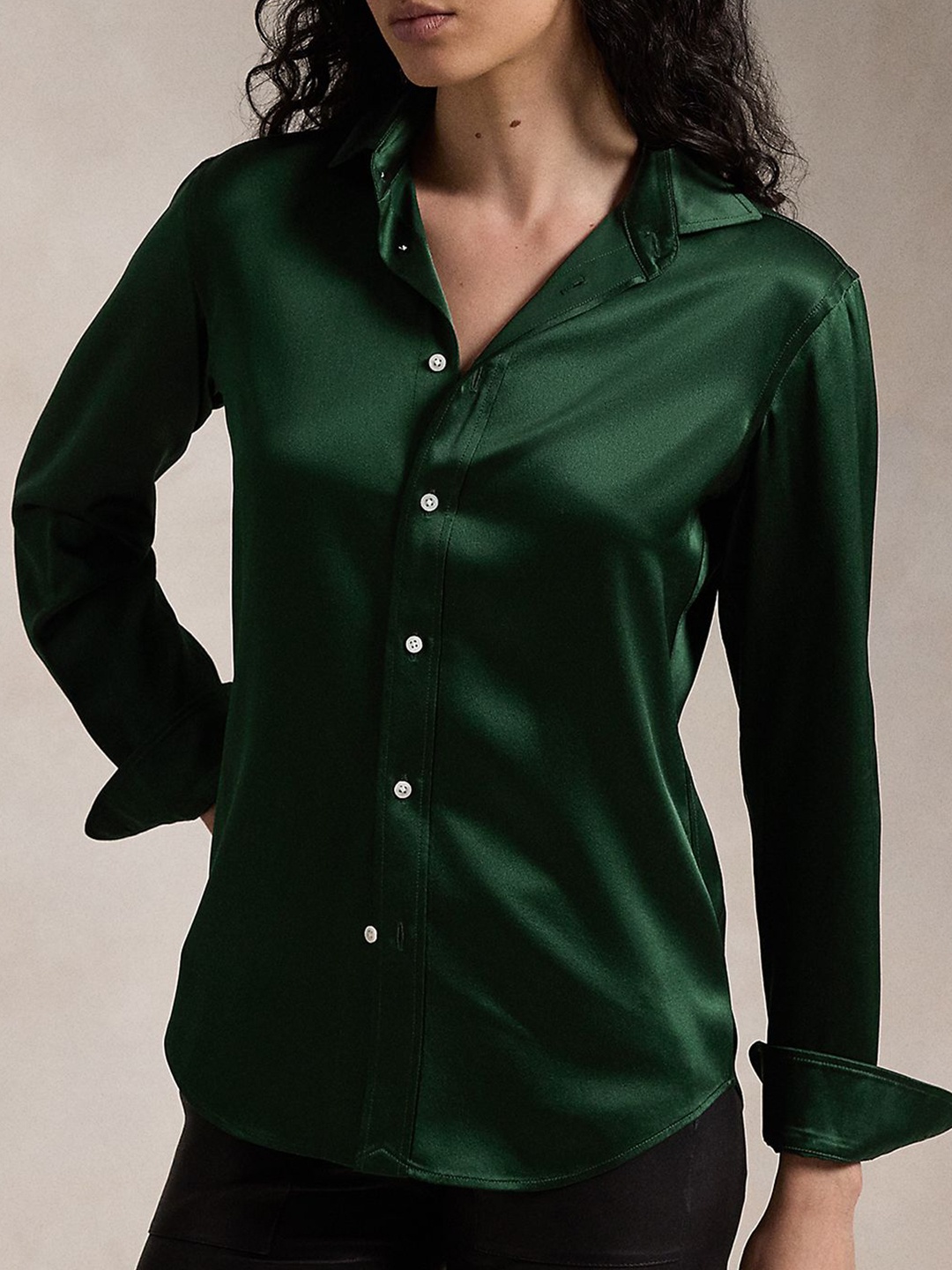 

Polo Ralph Lauren Women Pure Silk Classic Fit Spread Collar Long Sleeve Shirt, Green