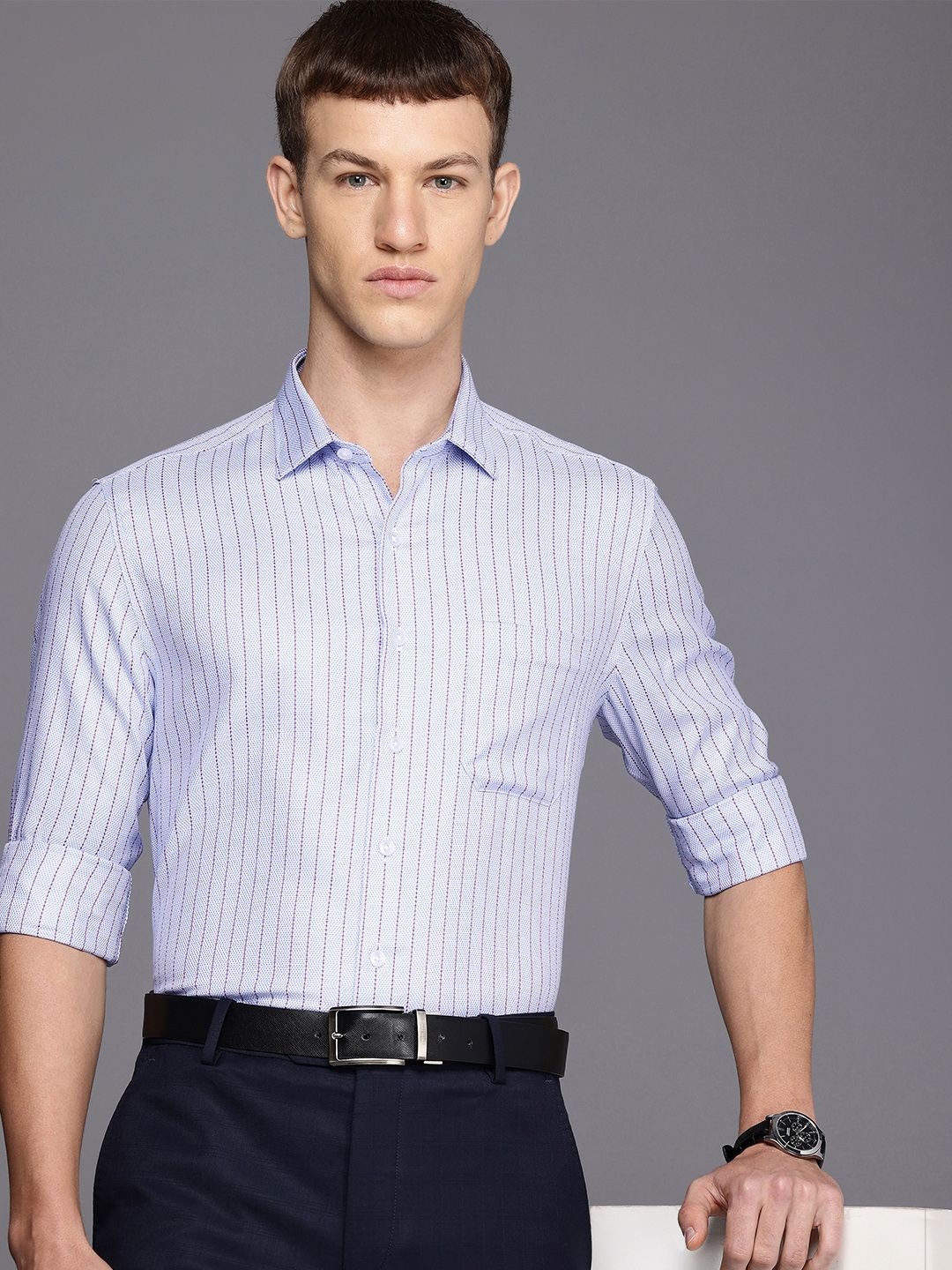 

Louis Philippe Slim Fit Textured Cutaway Collar Pure Cotton Formal Shirt, Blue