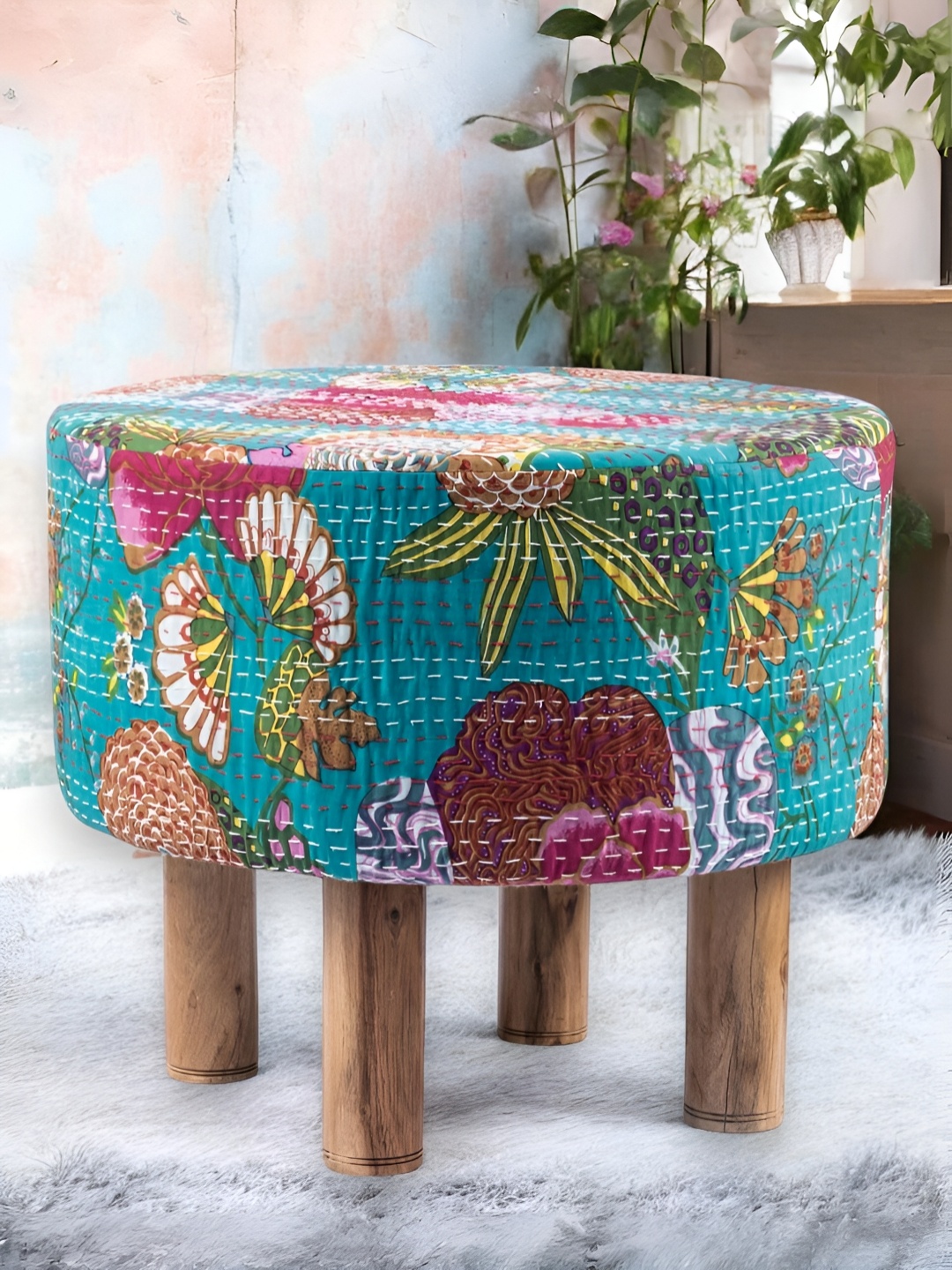 

Ikiriya Sea Green & Brown Embroidered Round Ottoman